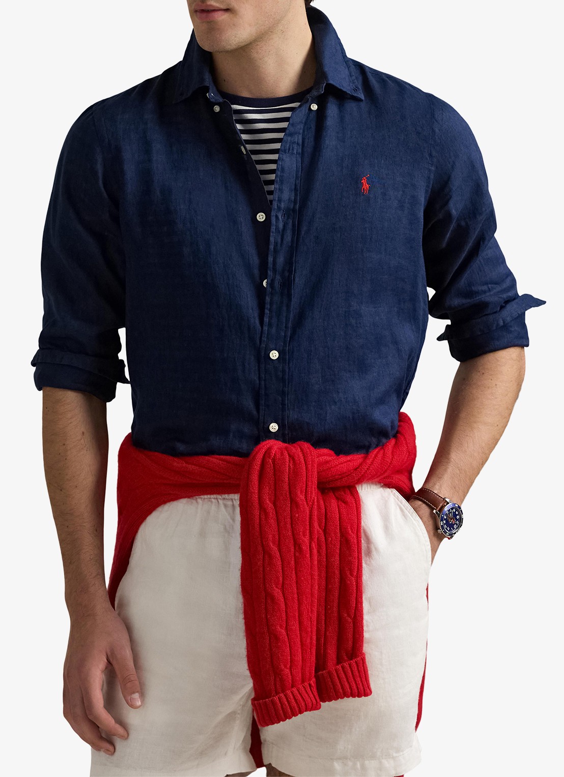 Ralph Lauren Custom Fit overhemd van linnen - detail 3 newport navy / donkerblauw