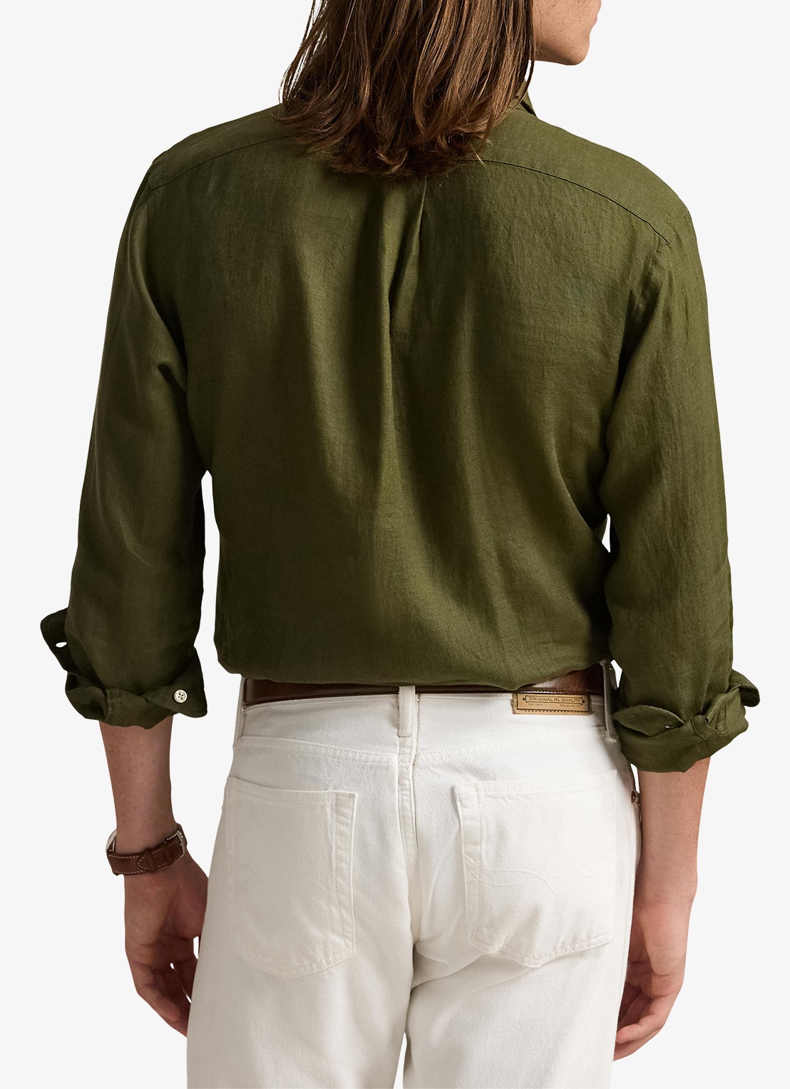 Ralph Lauren Custom Fit overhemd van linnen - achterkant new olive / olijfgroen