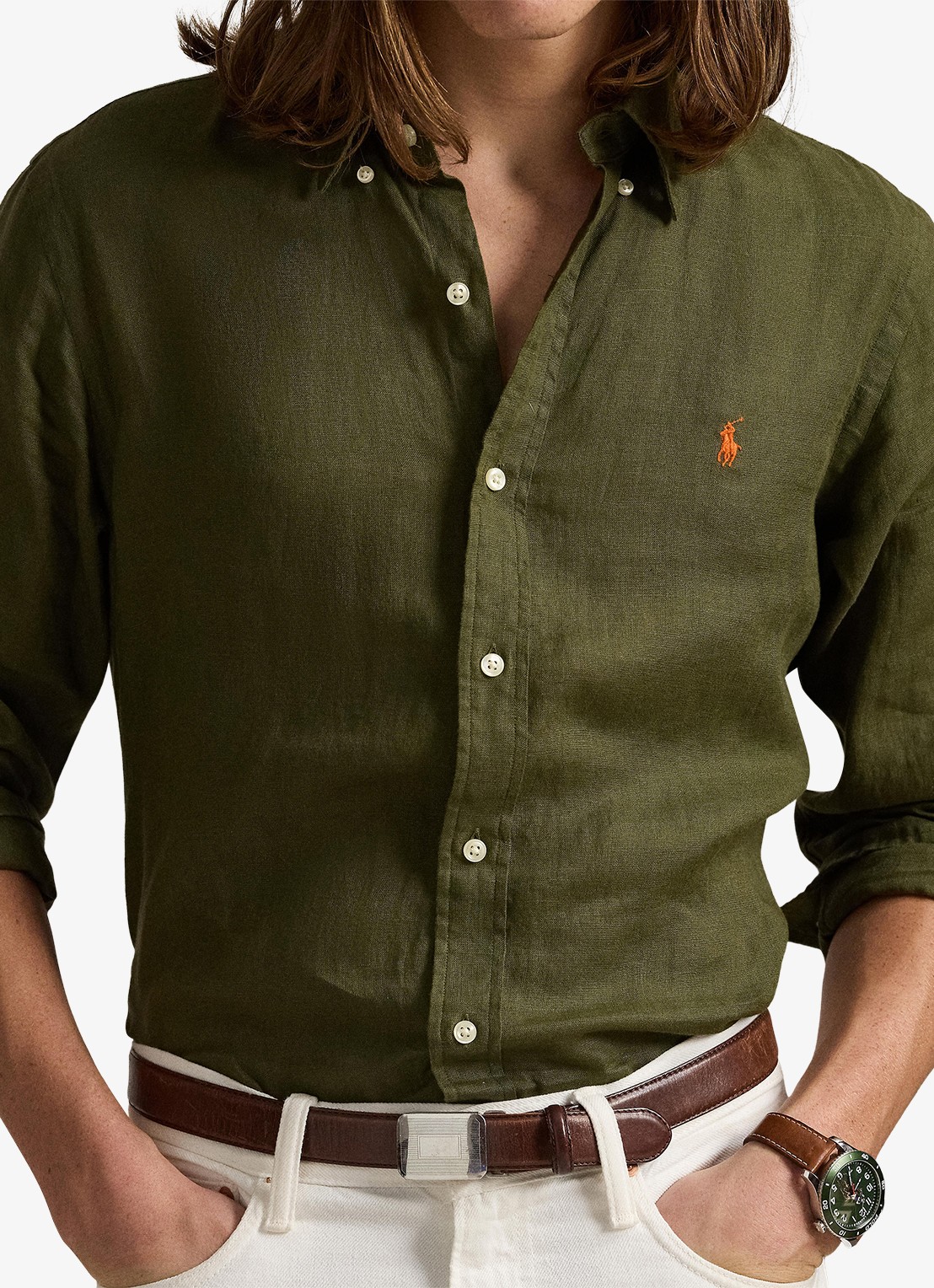 Ralph Lauren Custom Fit overhemd van linnen - detail 3 new olive / olijfgroen