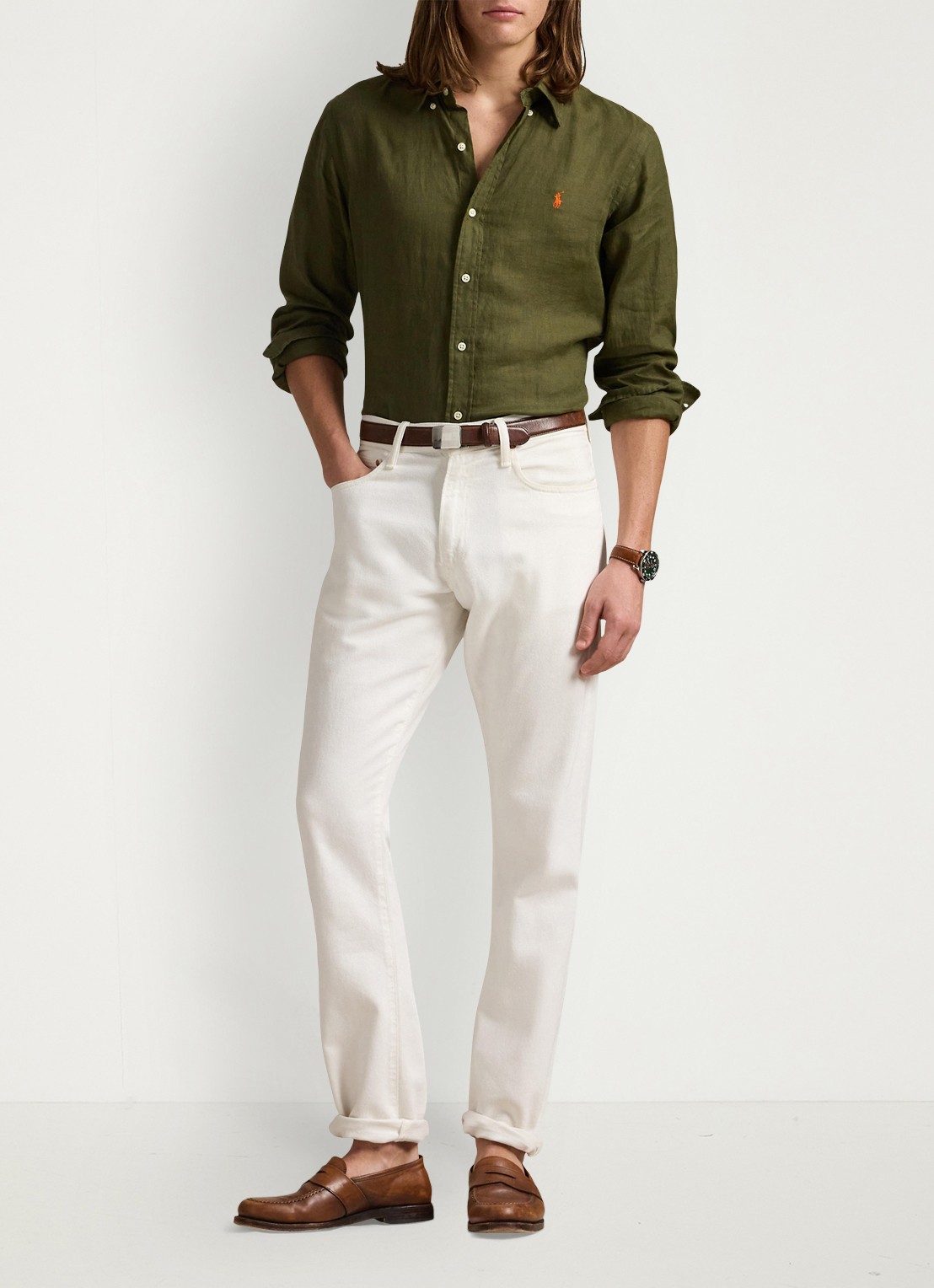Ralph Lauren Custom Fit overhemd van linnen - voorkant 5 new olive / olijfgroen