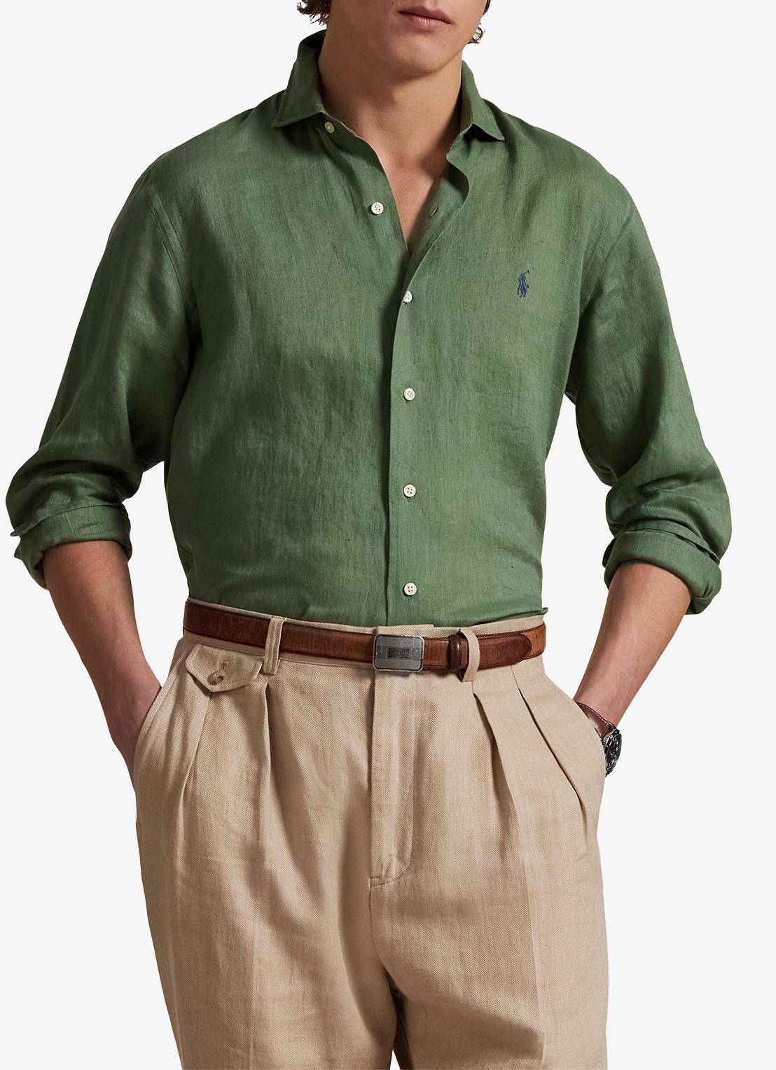 Ralph Lauren Custom Fit overhemd van linnen - detail fatigue / groen
