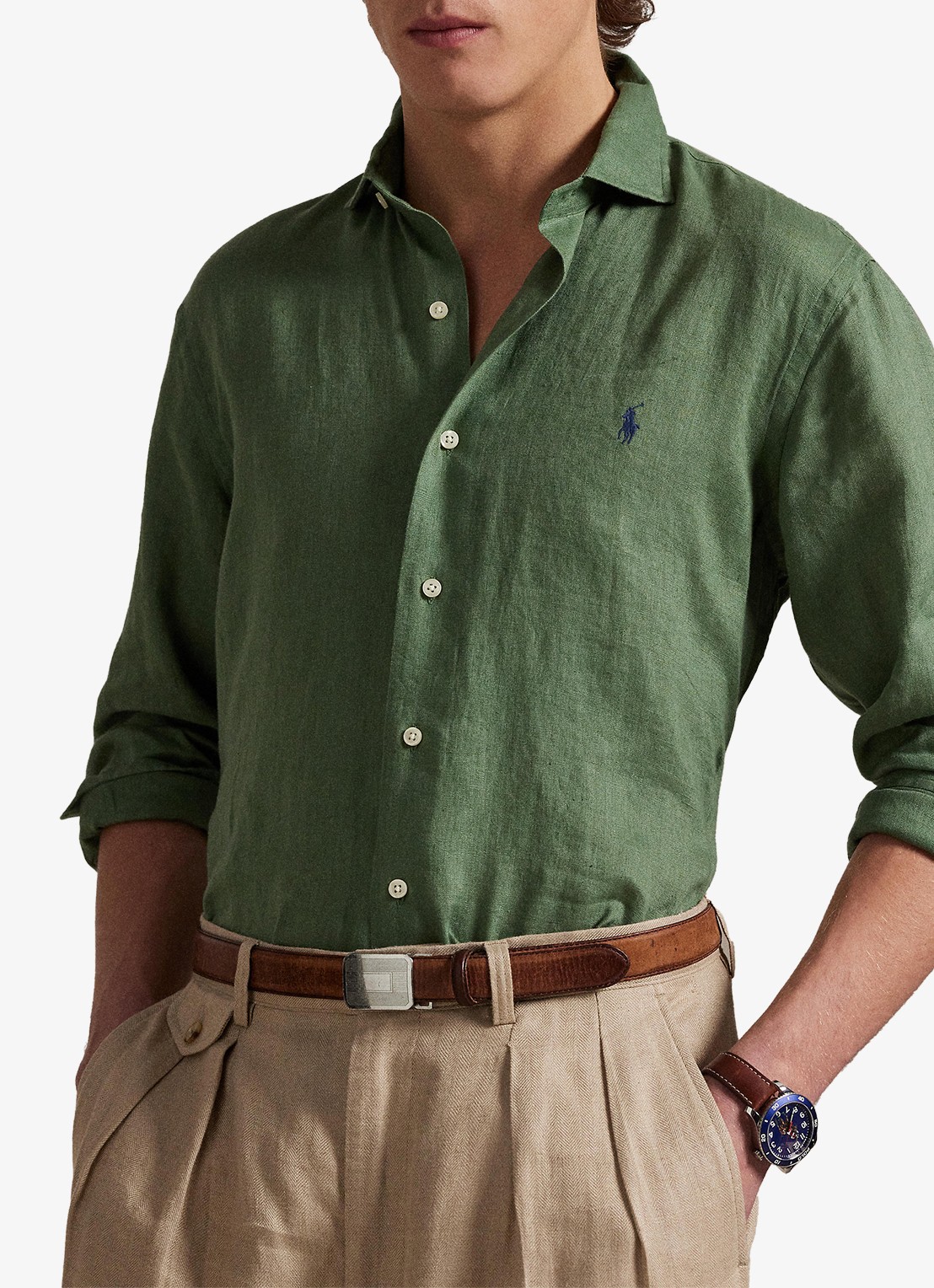 Ralph Lauren Custom Fit overhemd van linnen - detail 2 fatigue / groen