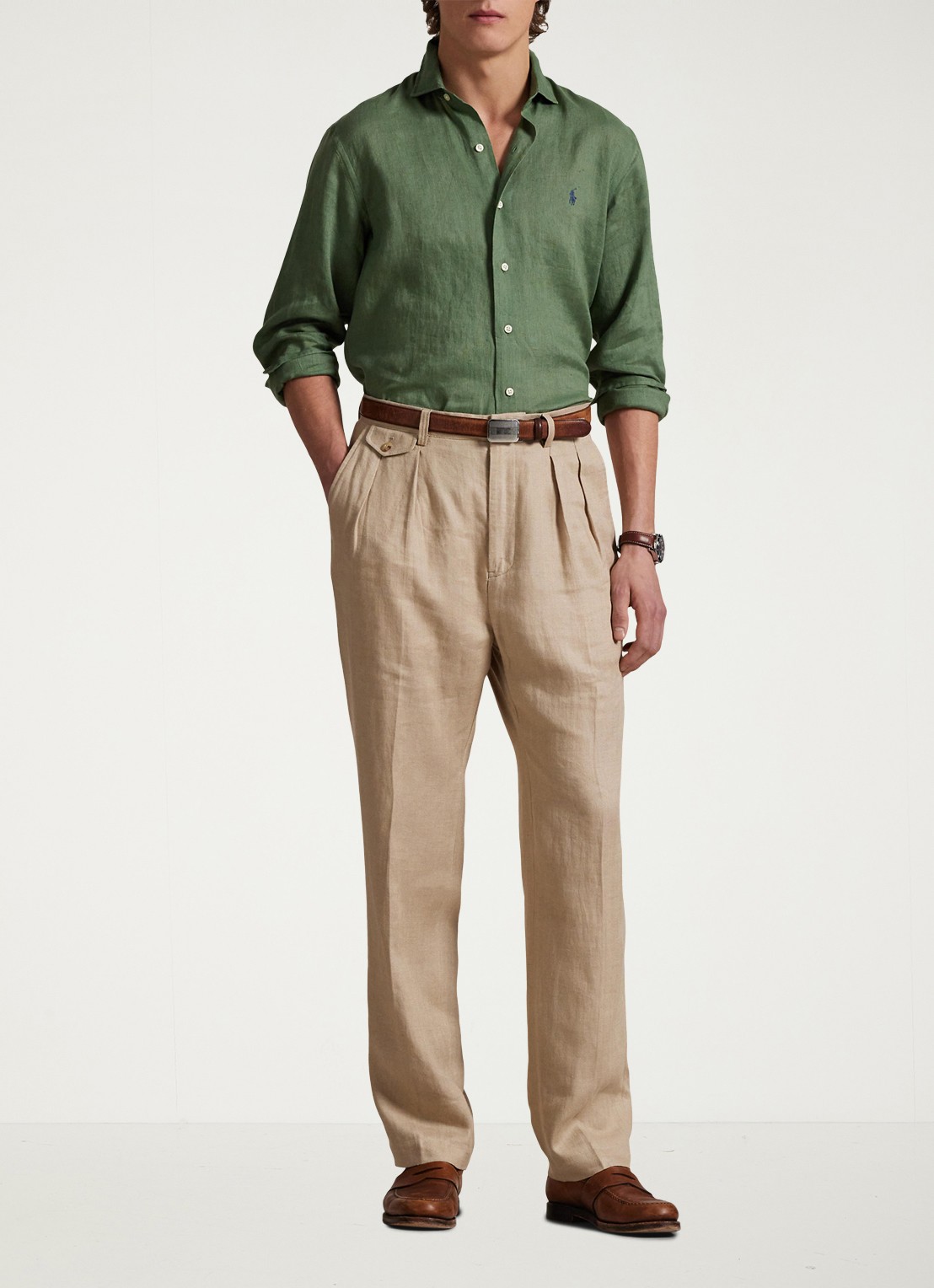 Ralph Lauren Custom Fit overhemd van linnen - voorkant 4 fatigue / groen