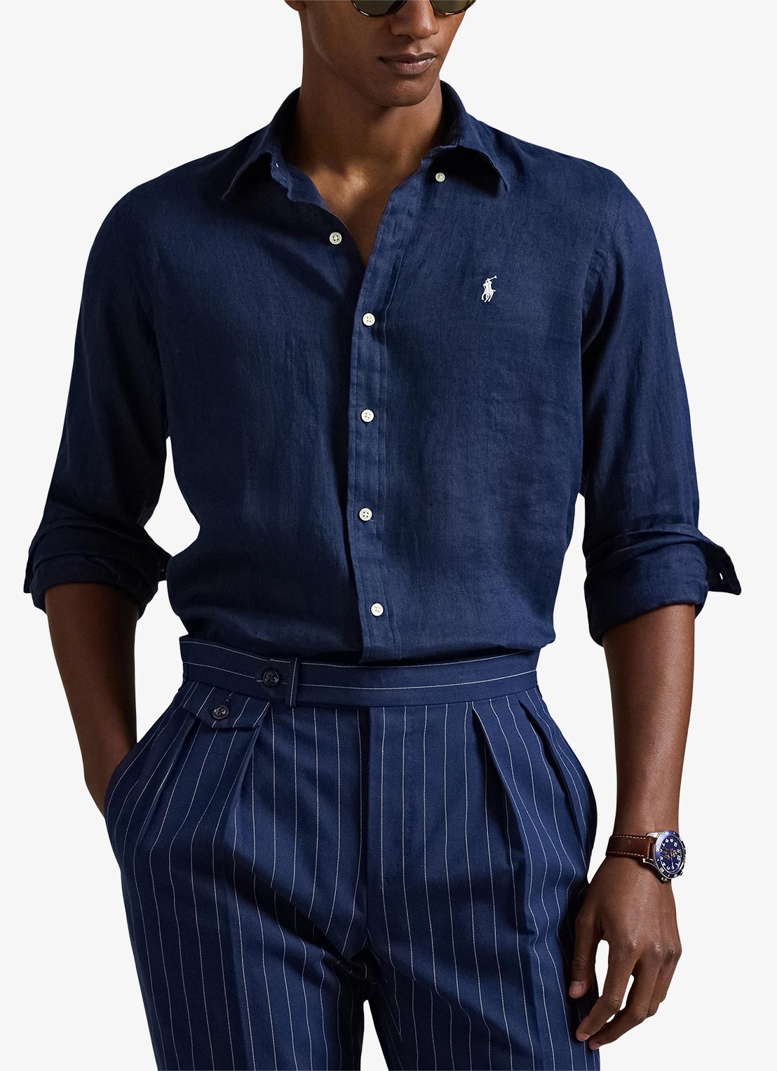 Ralph Lauren Custom Fit overhemd van linnen - detail 4 newport navy / white / donkerblauw