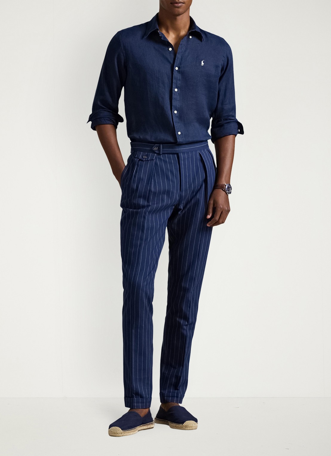 Ralph Lauren Custom Fit overhemd van linnen - voorkant 3 newport navy / white / donkerblauw