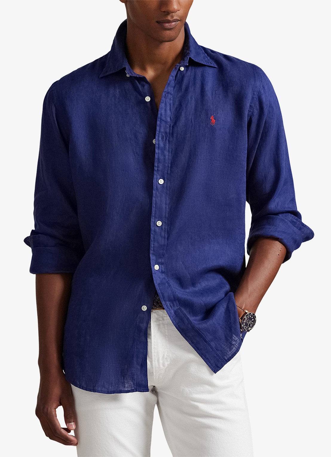 Ralph Lauren Custom Fit overhemd van linnen - detail new classic navy / donkerblauw