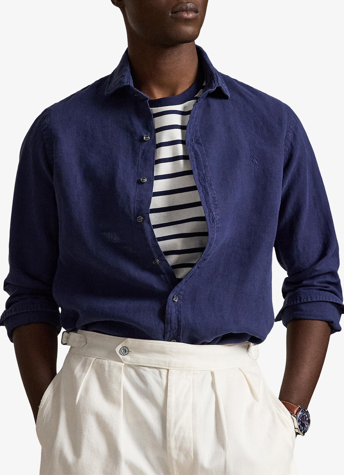 Ralph Lauren Custom fit overhemd van linnen - detail newport navy / donkerblauw