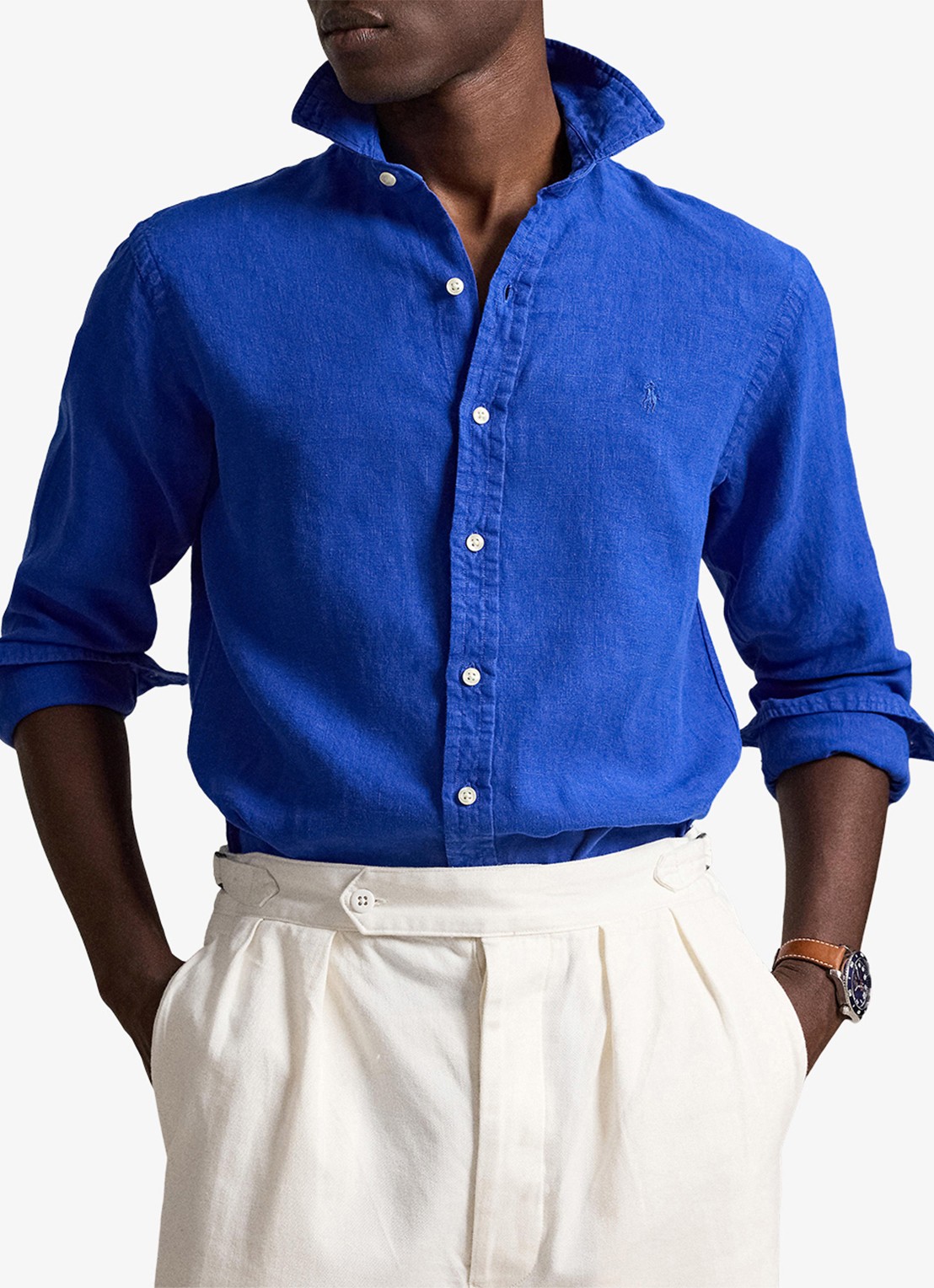 Ralph Lauren Custom fit overhemd van linnen - detail 3 pacific royal / kobaltblauw