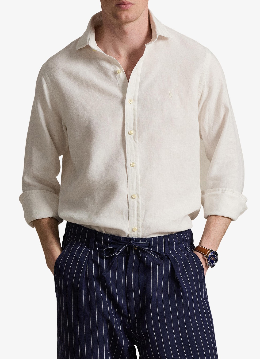 Ralph Lauren Custom fit overhemd van linnen - detail deckwash white / wit