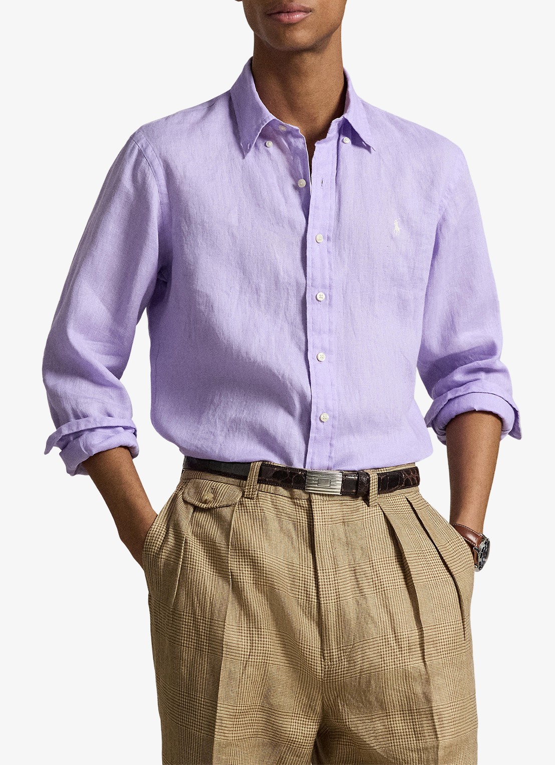 Ralph Lauren Custom Fit overhemd van linnen - voorkant 2 powder purple/cream pp-zy4d