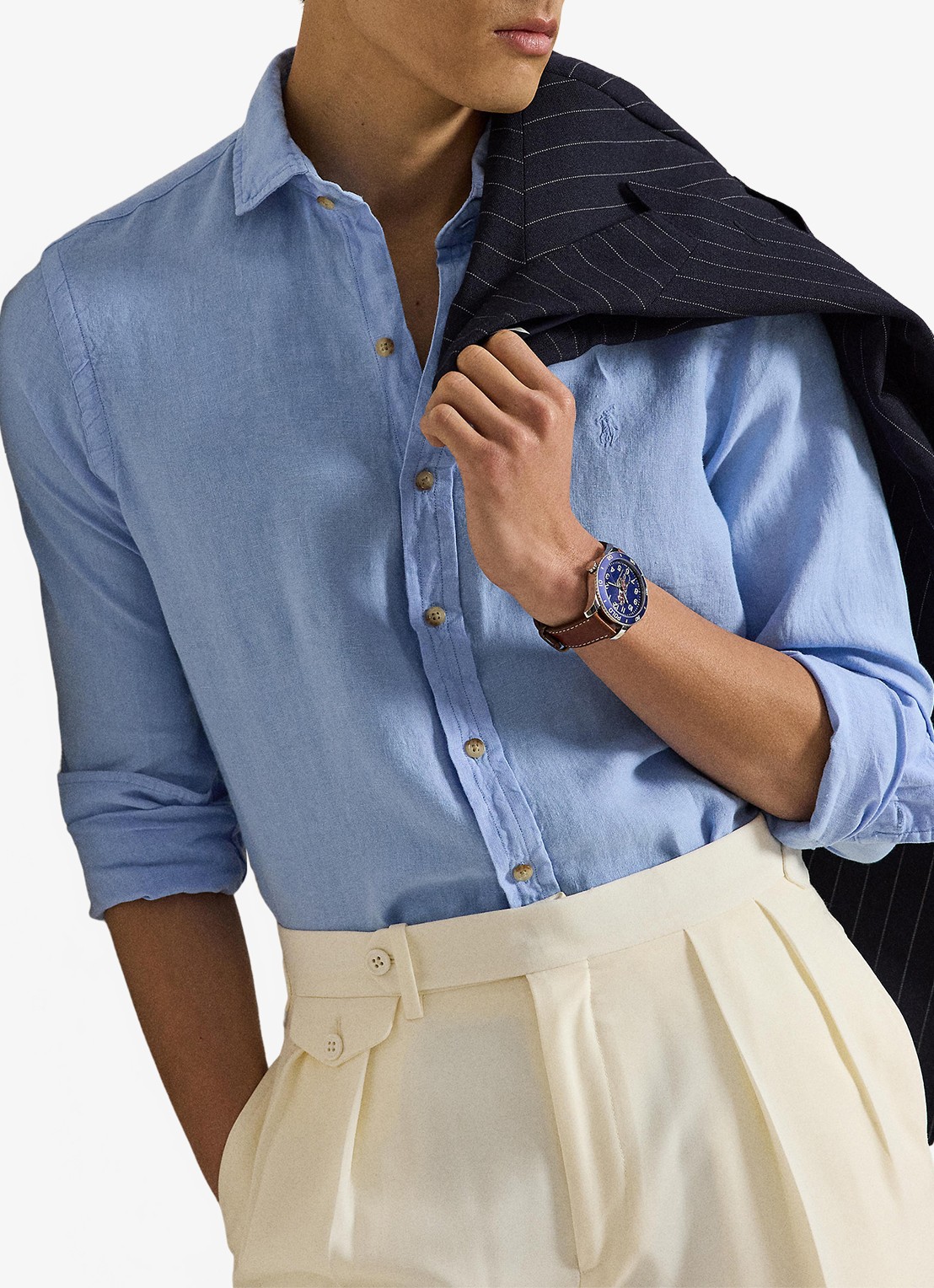Ralph Lauren Custom fit overhemd van linnen - voorkant 2 austin blue / blauw