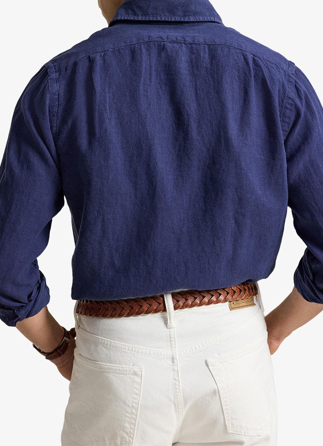 Ralph Lauren Custom fit overhemd van linnen - achterkant 3 newport navy / donkerblauw