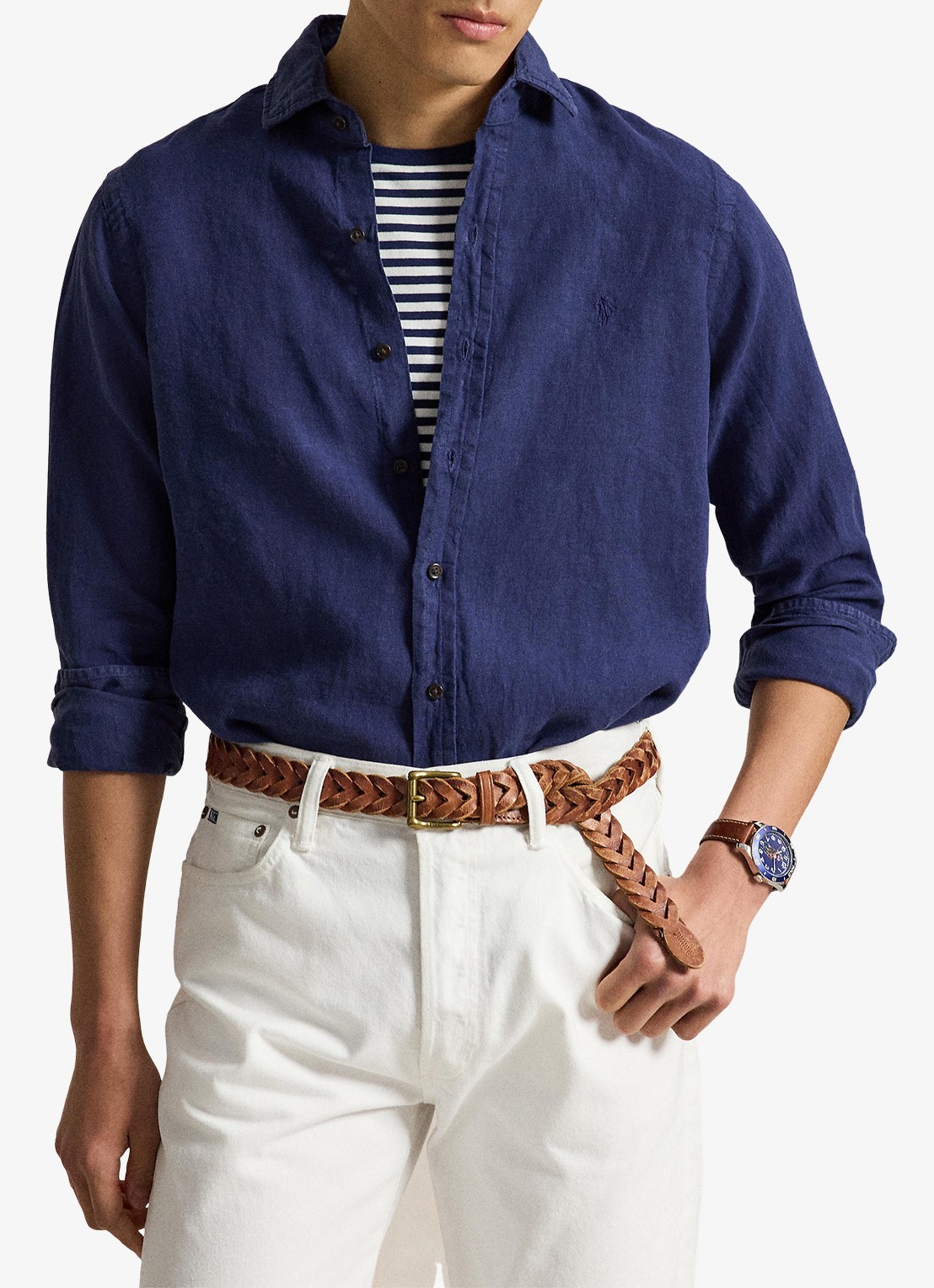 Ralph Lauren Custom fit overhemd van linnen - voorkant 5 newport navy / donkerblauw
