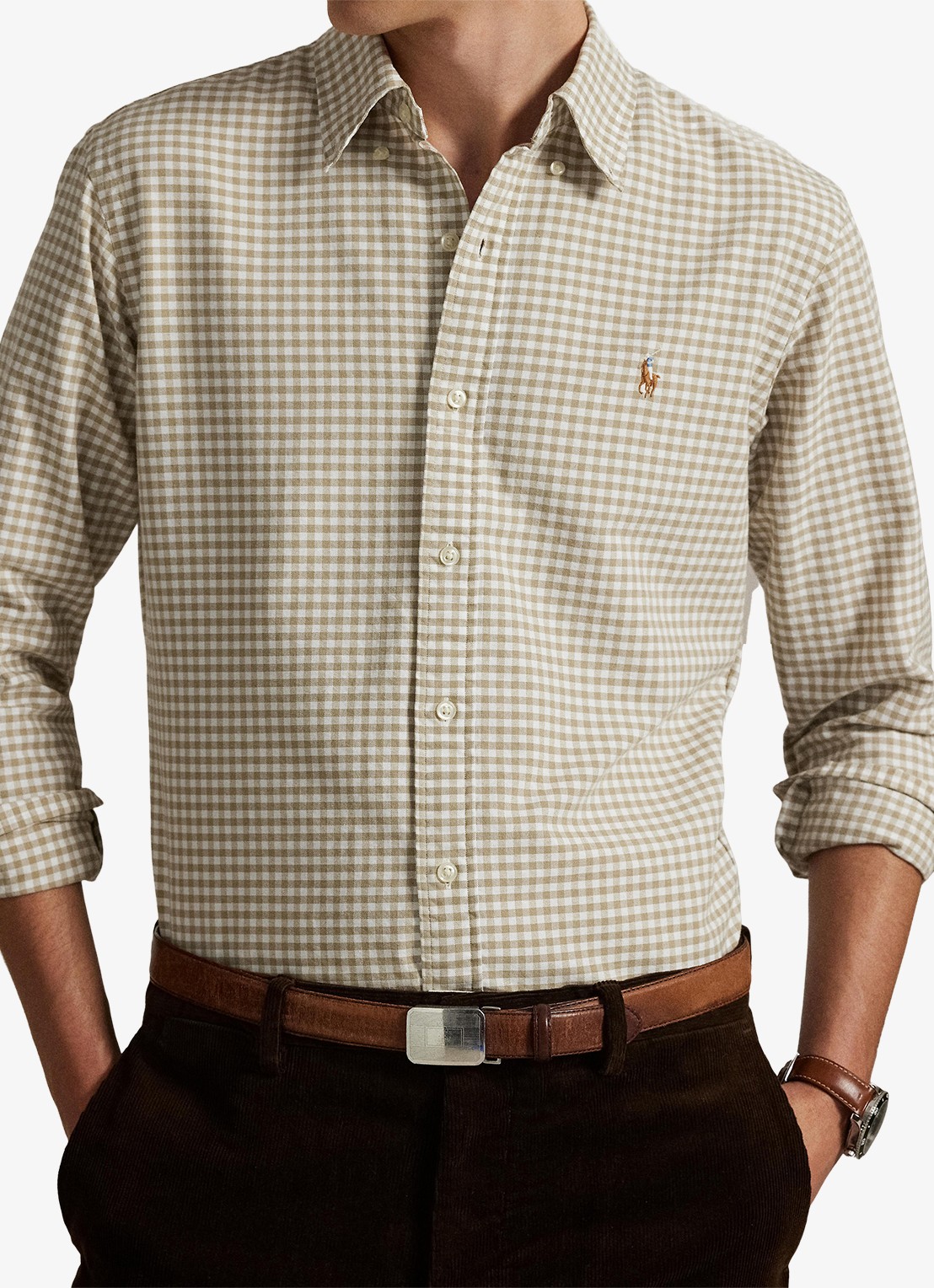 Ralph Lauren Custom fit Oxford overhemd met ruitdessin - detail 3 coastal beige/white / beige