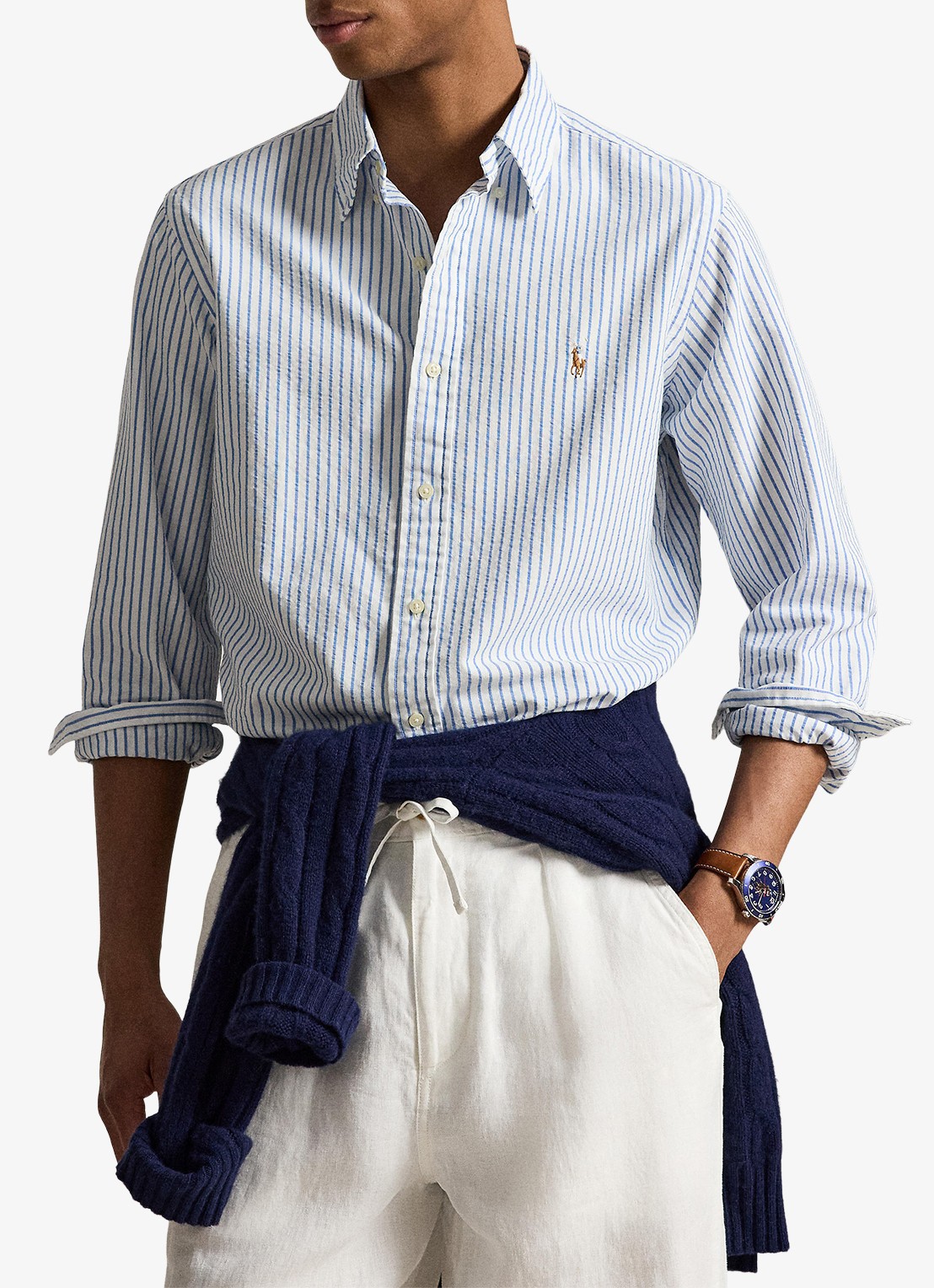 Ralph Lauren Custom fit Oxford overhemd met streepprint - detail 4 white bsr blue / lichtblauw