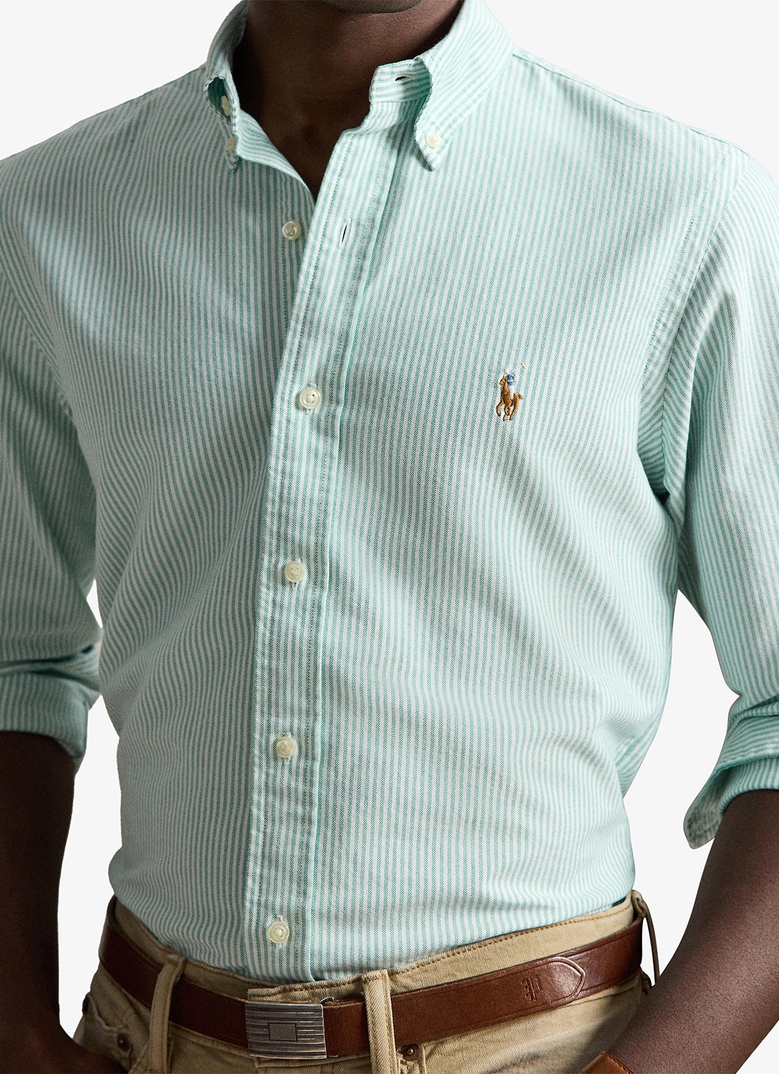 Ralph Lauren Custom fit Oxford overhemd met streepprint - detail 4 scarab green white / groen
