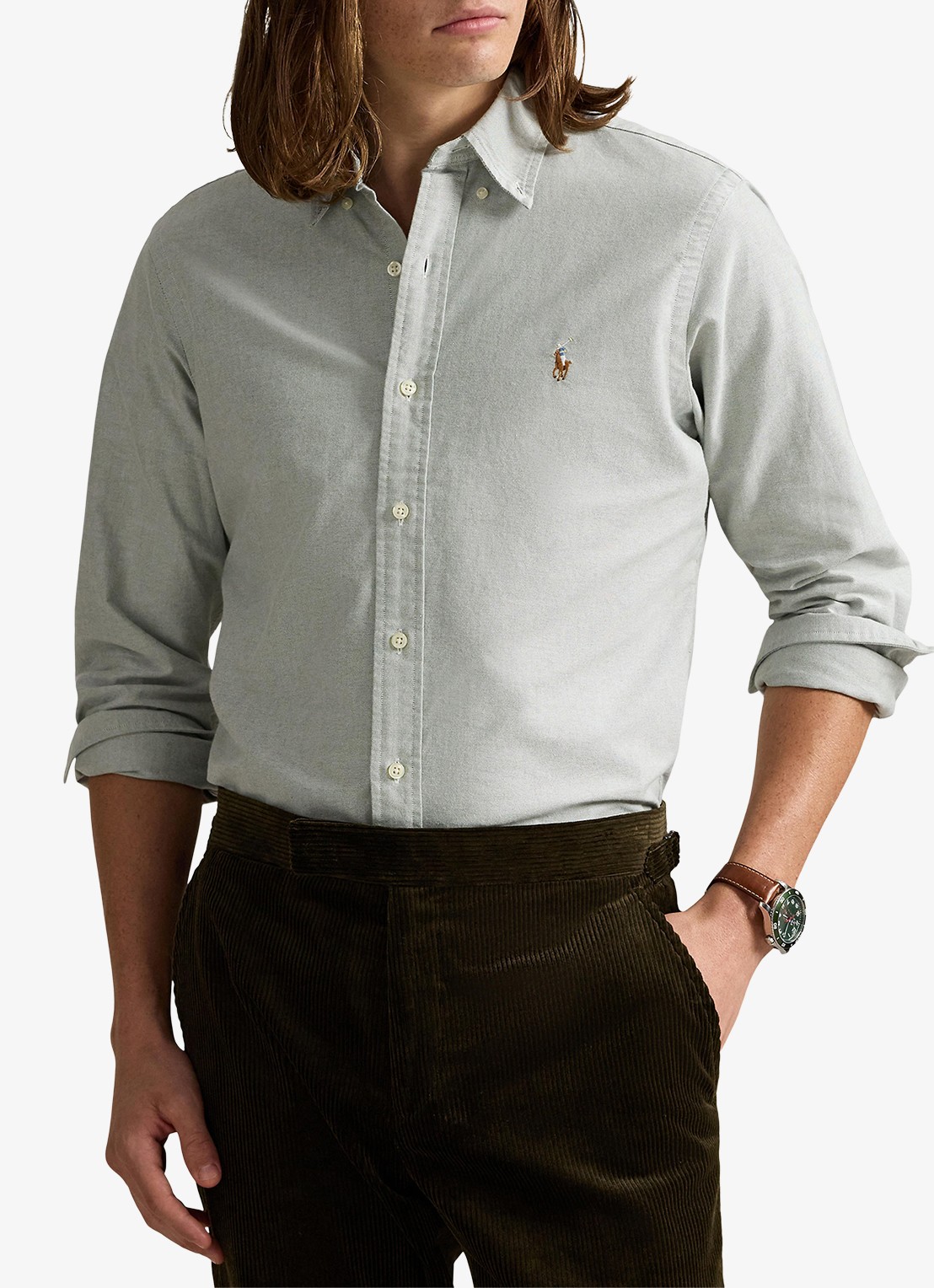 Ralph Lauren Custom fit Oxford overhemd - detail lichtgrijs