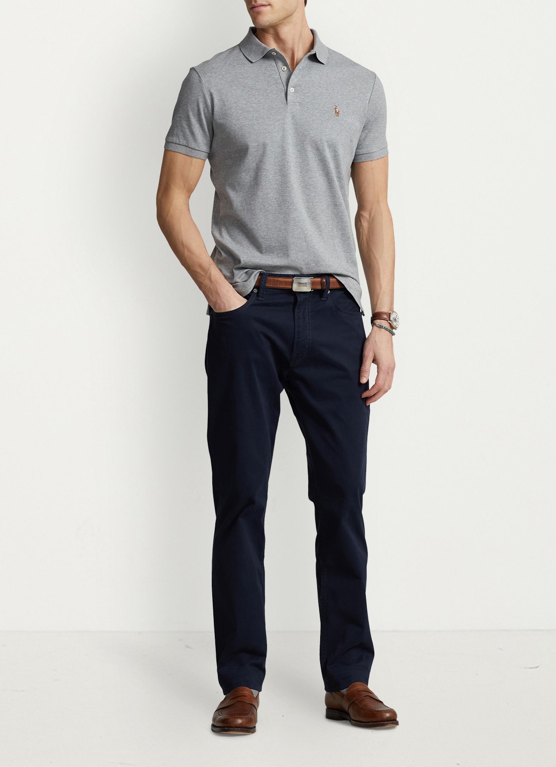 Ralph Lauren Custom slim fit polo met logo - voorkant 2 steel heather