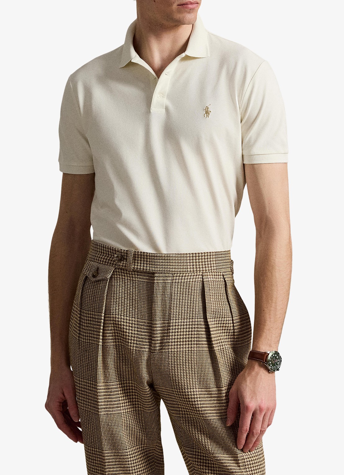 Ralph Lauren Custom slim fit polo met stretch - voorkant 3 pale cream / crème