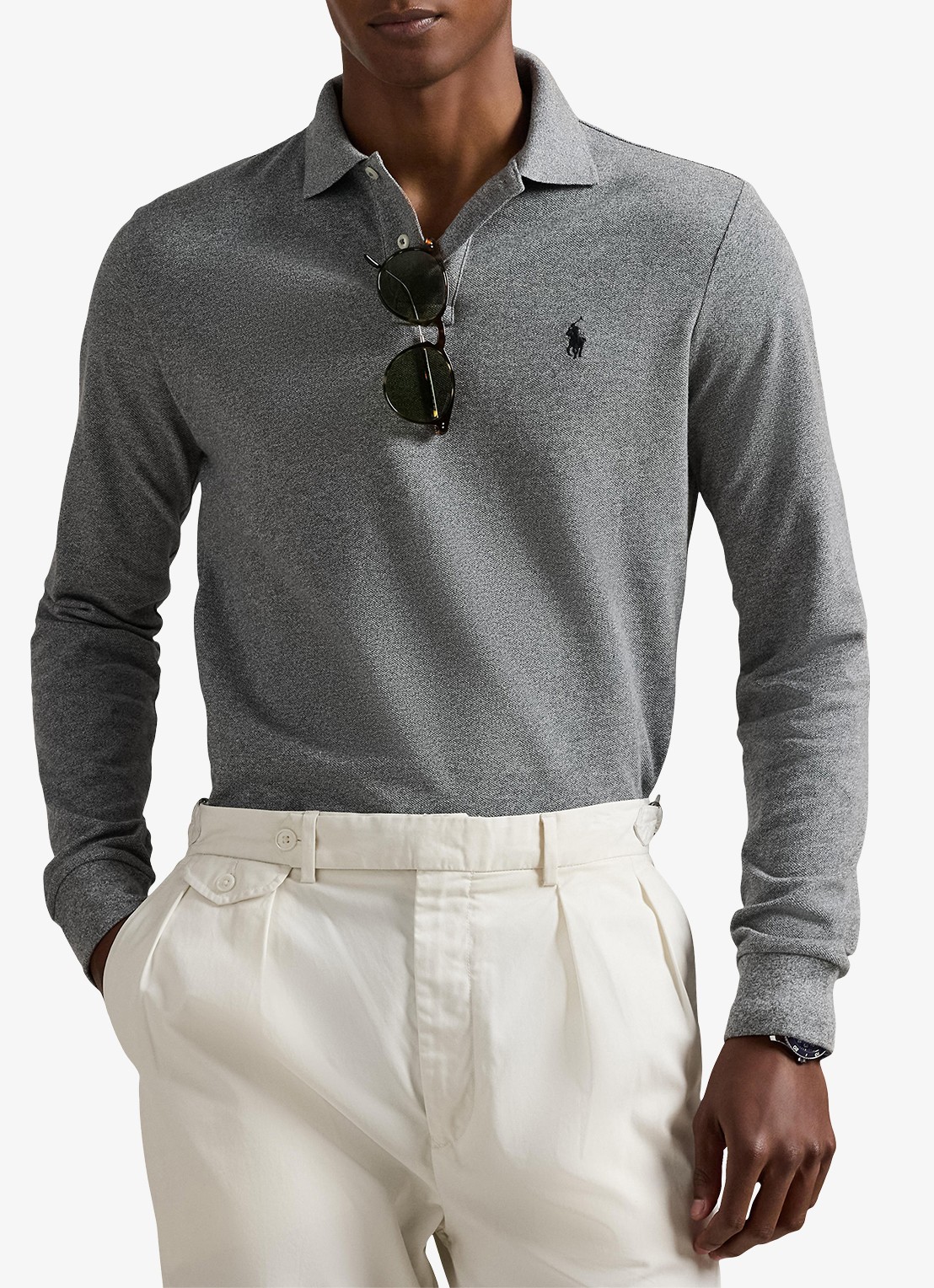 Ralph Lauren Custom Slim fit polo van piqué katoen met lange mouw - detail 4 canterbury heather / grijs