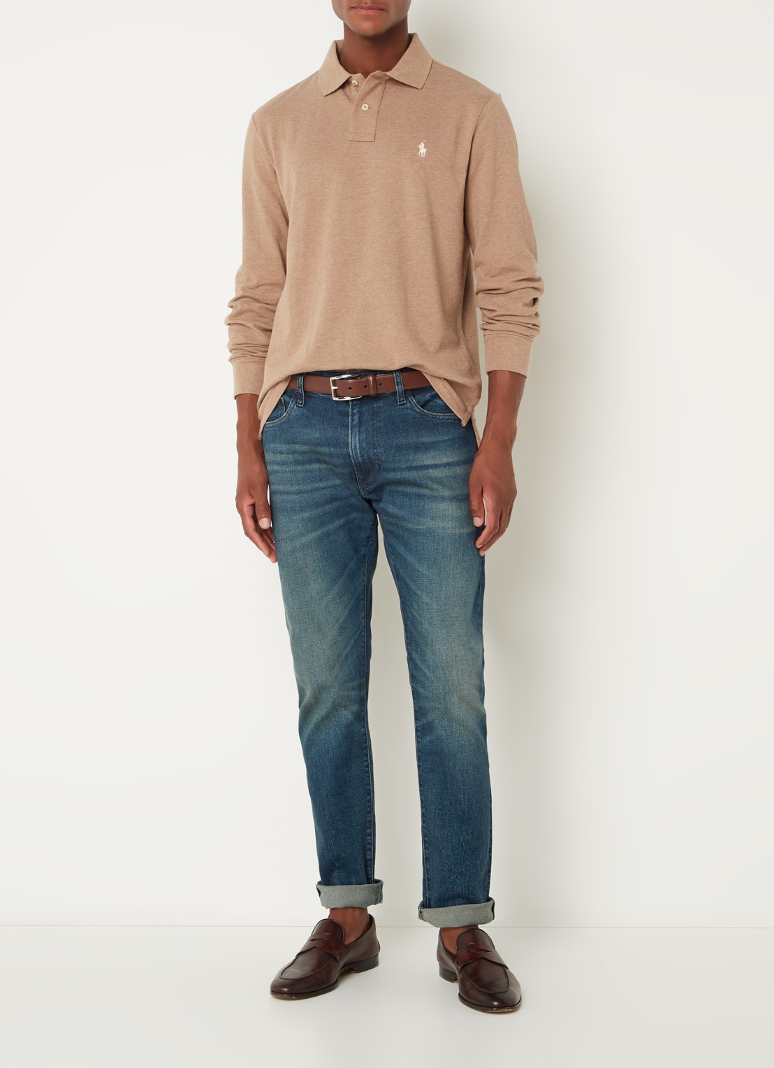 Ralph Lauren Custom Slim fit polo van piqué katoen met lange mouw - voorkant 3 grey cloud heather/c8135