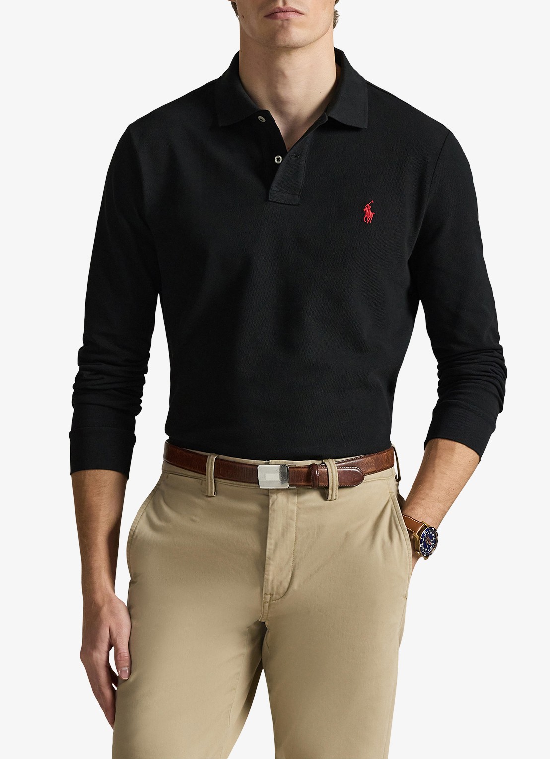 Ralph Lauren Custom Slim fit polo van piqué katoen met lange mouw - detail 3 polo black / zwart