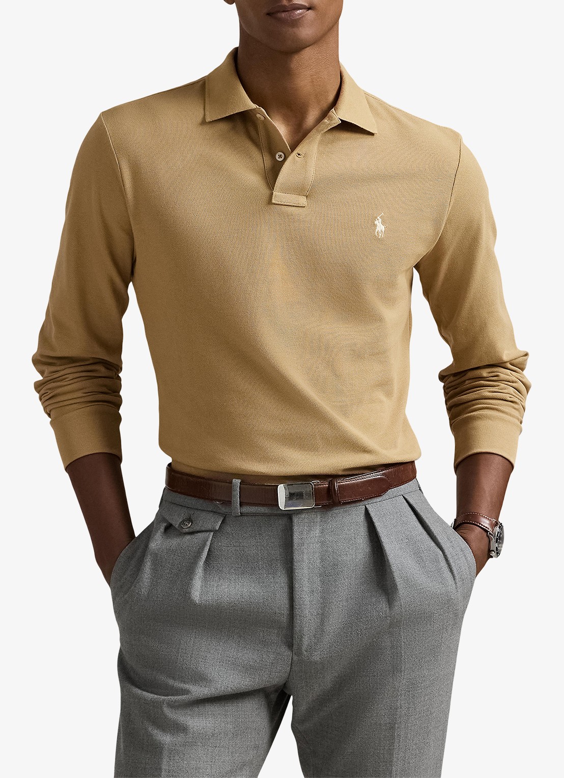 Ralph Lauren Custom Slim fit polo van piqué katoen met lange mouw - detail 2 cafe tan/c8176-3x17