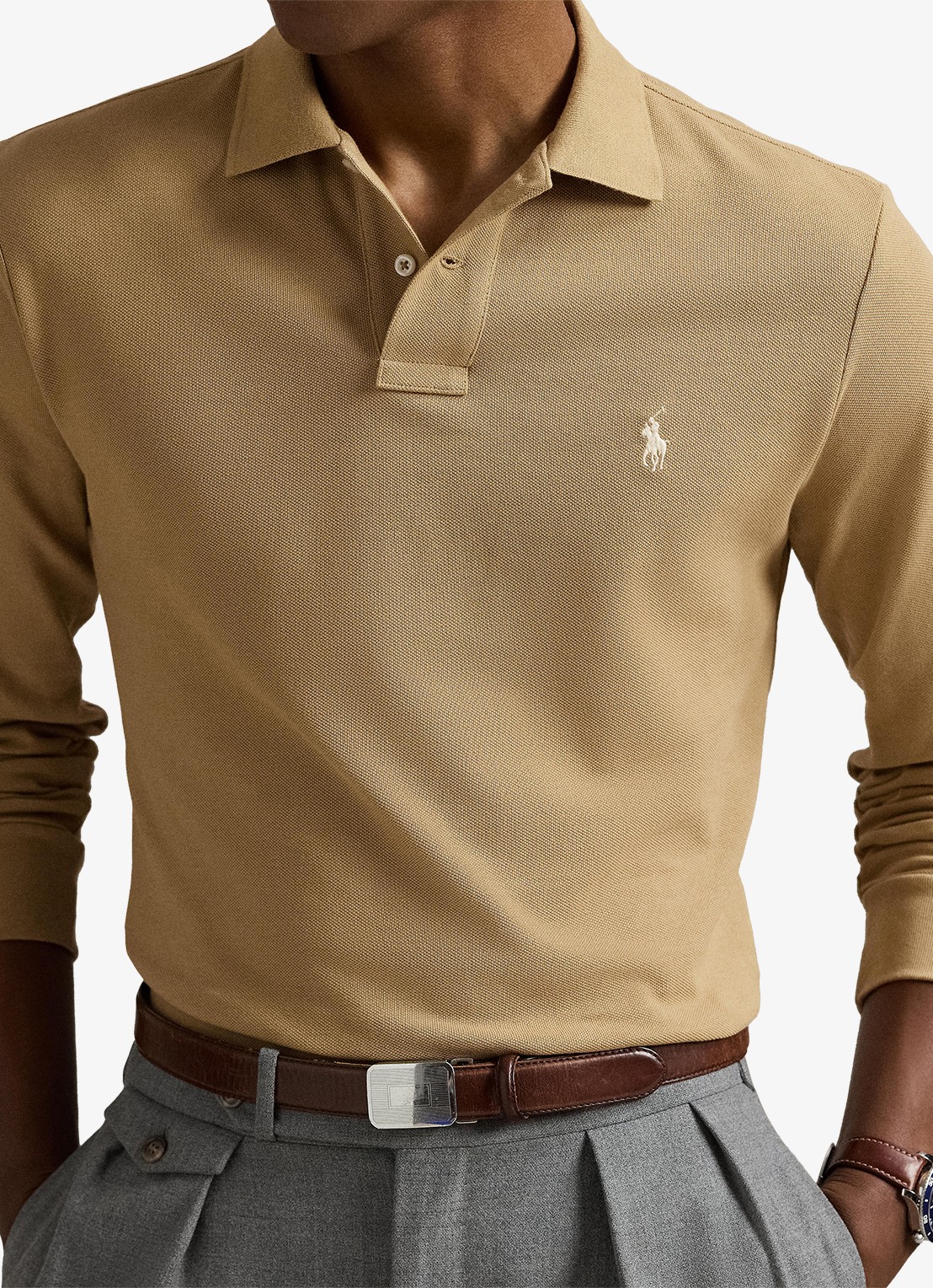 Ralph Lauren Custom Slim fit polo van piqué katoen met lange mouw - detail 3 cafe tan/c8176-3x17