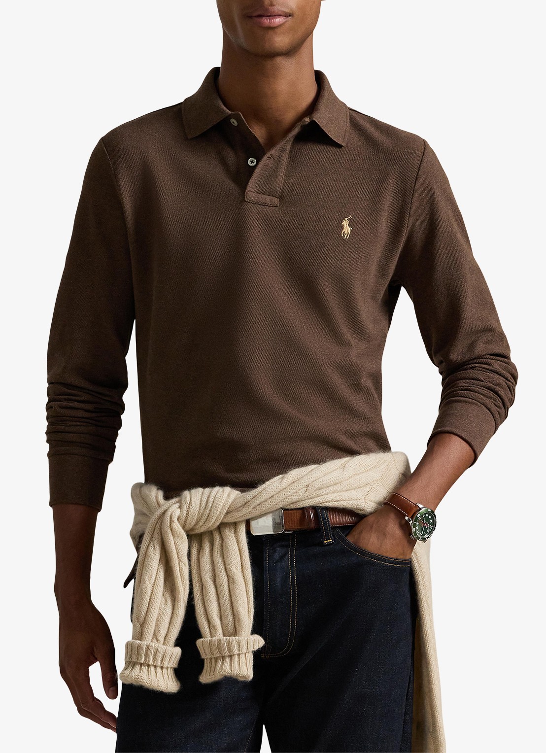 Ralph Lauren Custom Slim fit polo van piqué katoen met lange mouw - detail nutmeg brown heather/c8526-47x3