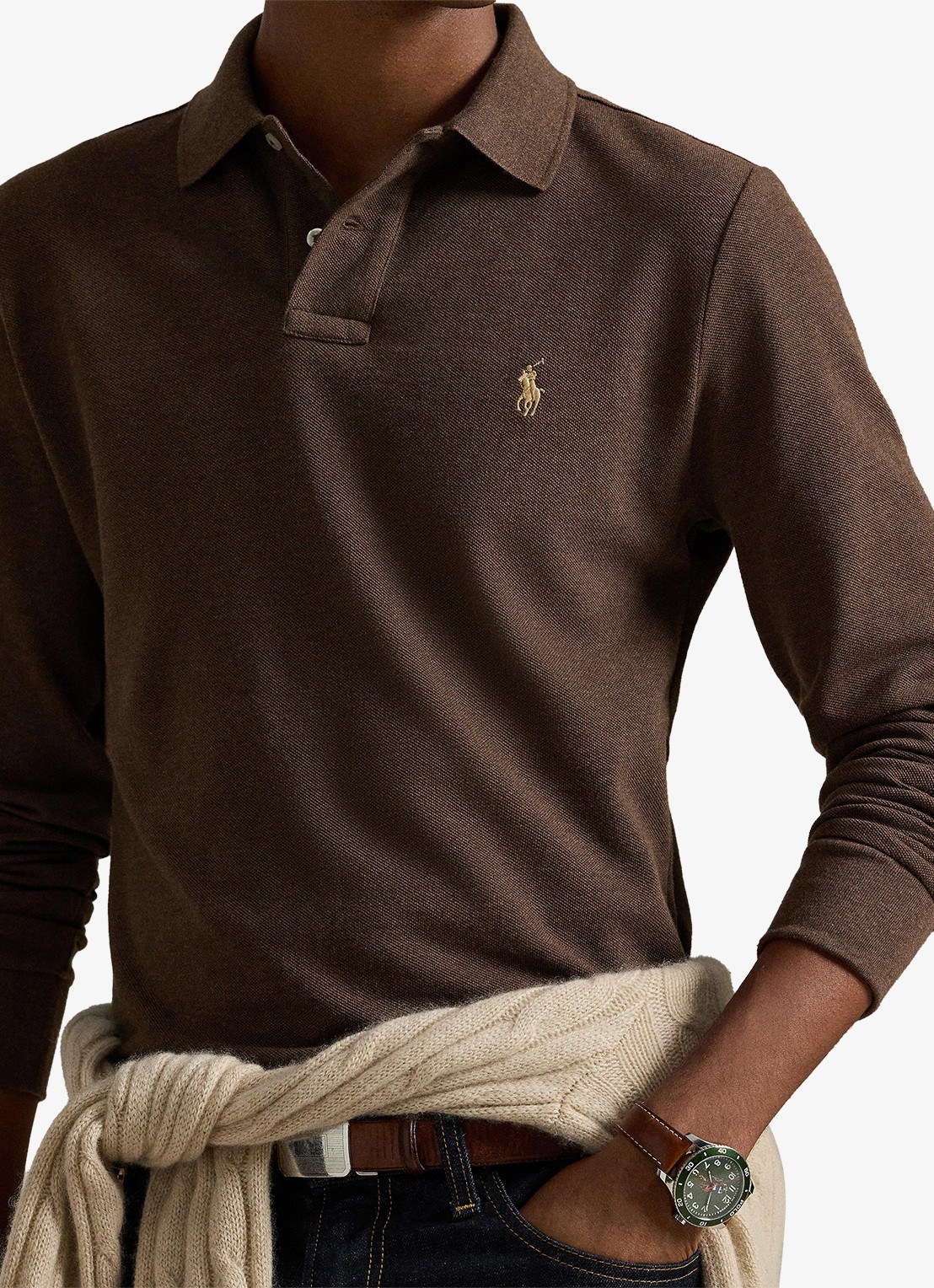 Ralph Lauren Custom Slim fit polo van piqué katoen met lange mouw - detail 2 nutmeg brown heather/c8526-47x3