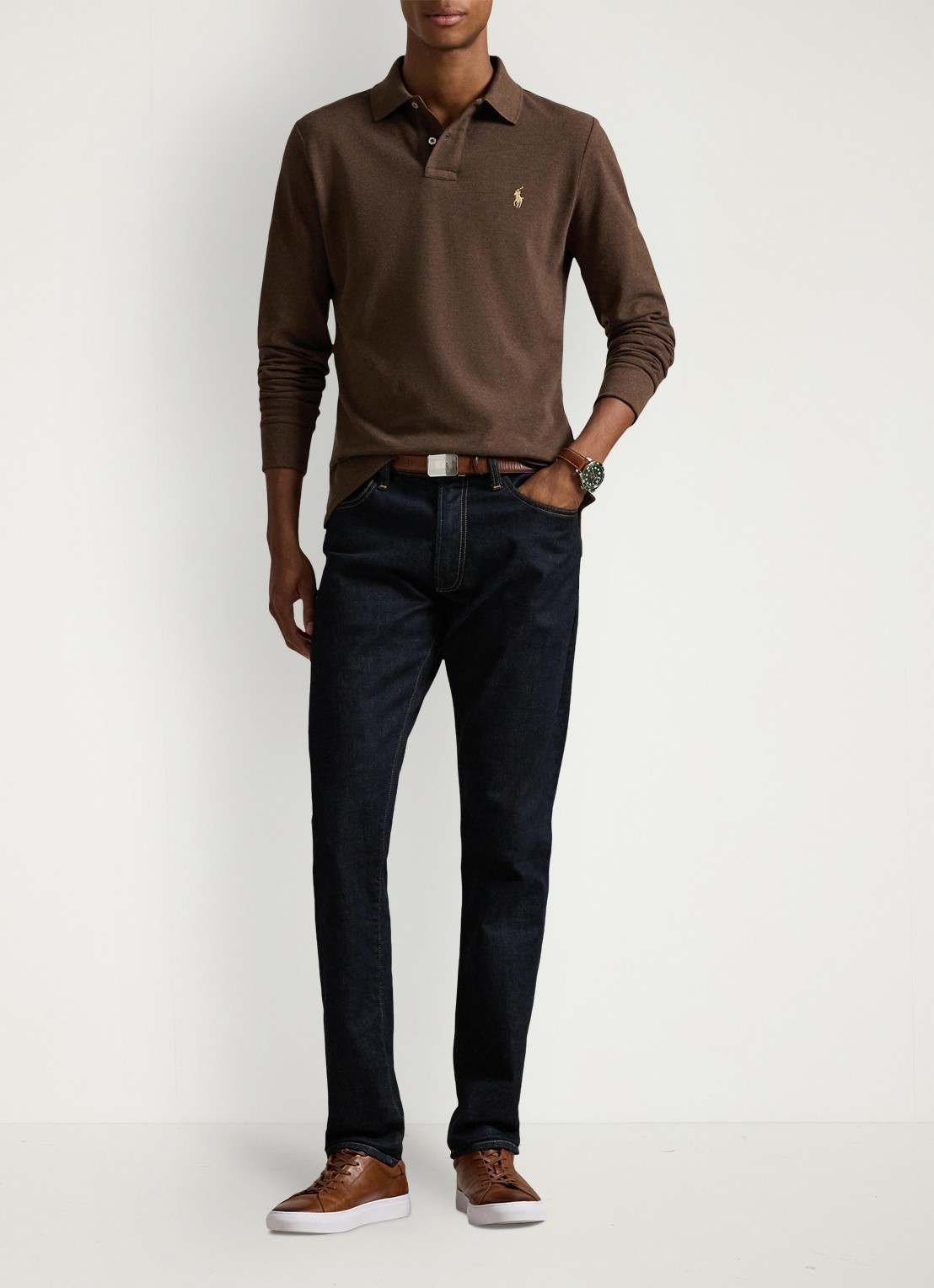 Ralph Lauren Custom Slim fit polo van piqué katoen met lange mouw - voorkant 4 nutmeg brown heather/c8526-47x3