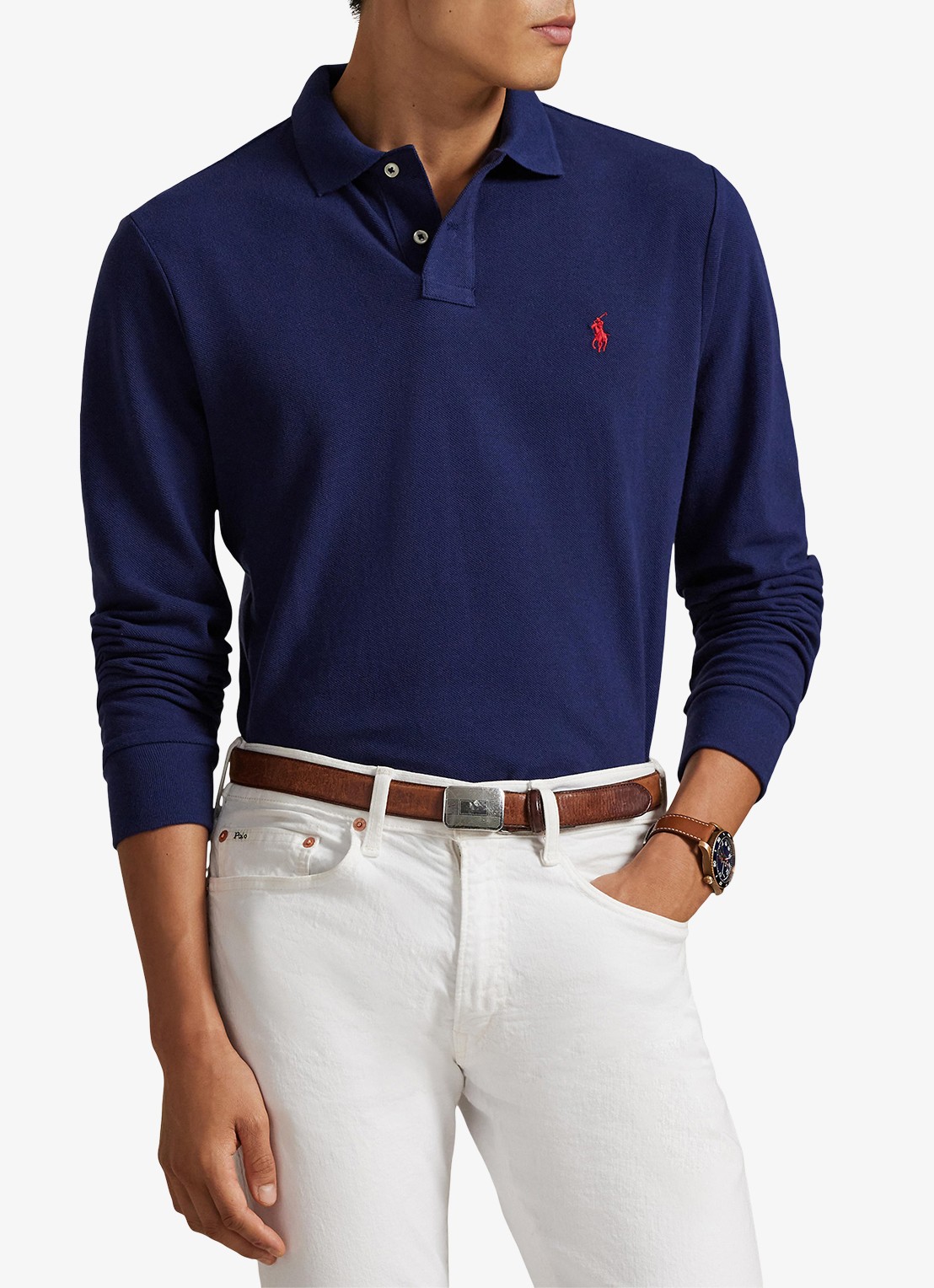Ralph Lauren Custom Slim fit polo van piqué katoen met lange mouw - detail 5 newport navy / donkerblauw