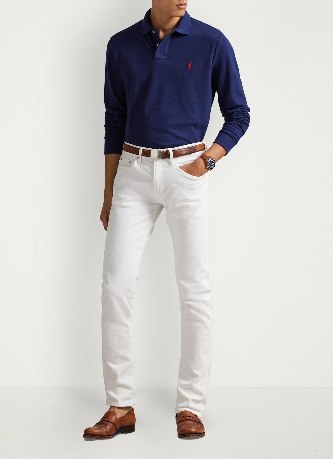 Ralph Lauren Custom Slim fit polo van piqué katoen met lange mouw - voorkant 3 newport navy / donkerblauw