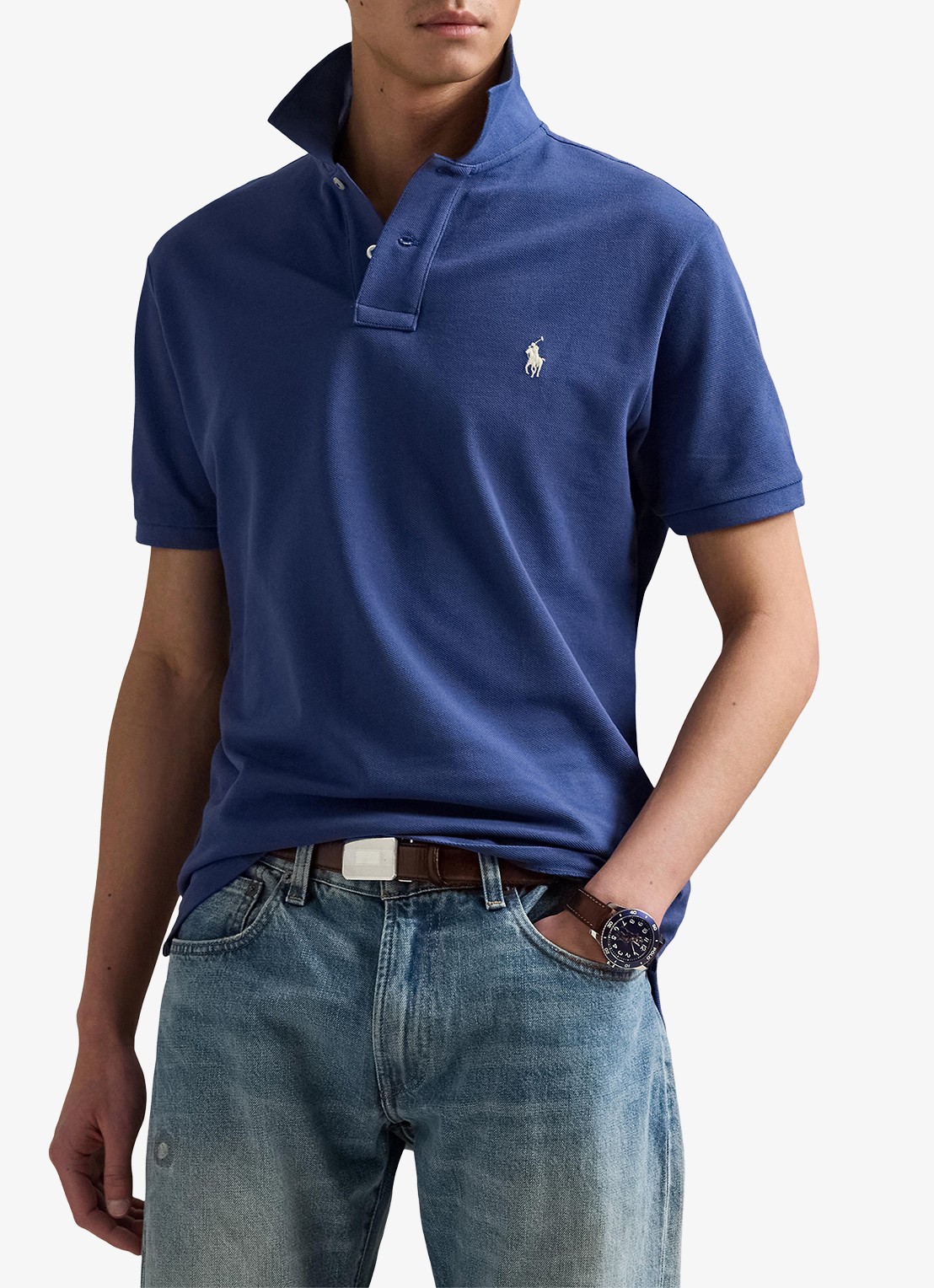 Ralph Lauren Custom slim fit polo van piqué katoen - detail 4 earth blue / blauw