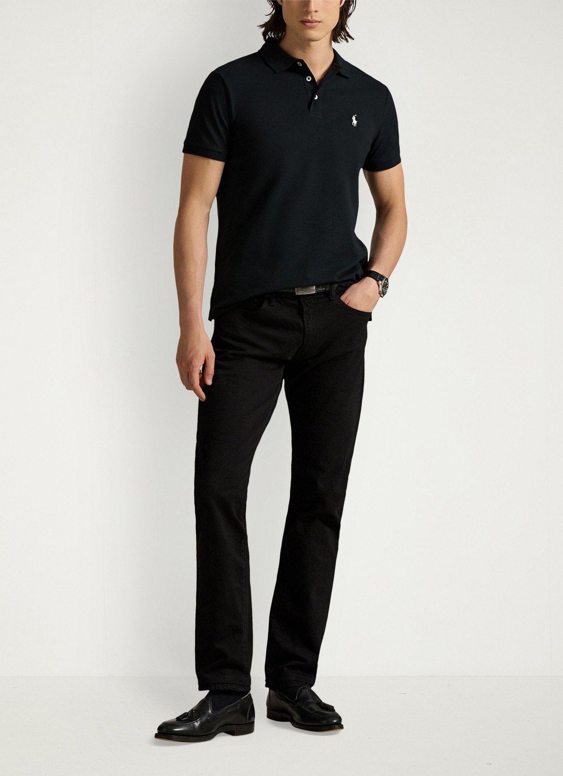 Ralph Lauren Custom slim fit stretch mesh Polo-shirt - voorkant 4 polo black / zwart