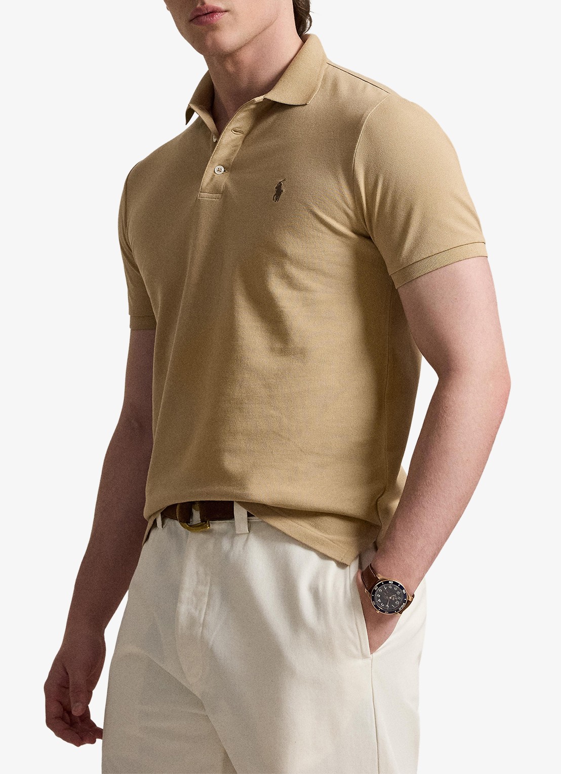 Ralph Lauren Custom slim fit stretch mesh Polo-shirt - voorkant 5 vintage khaki / khaki