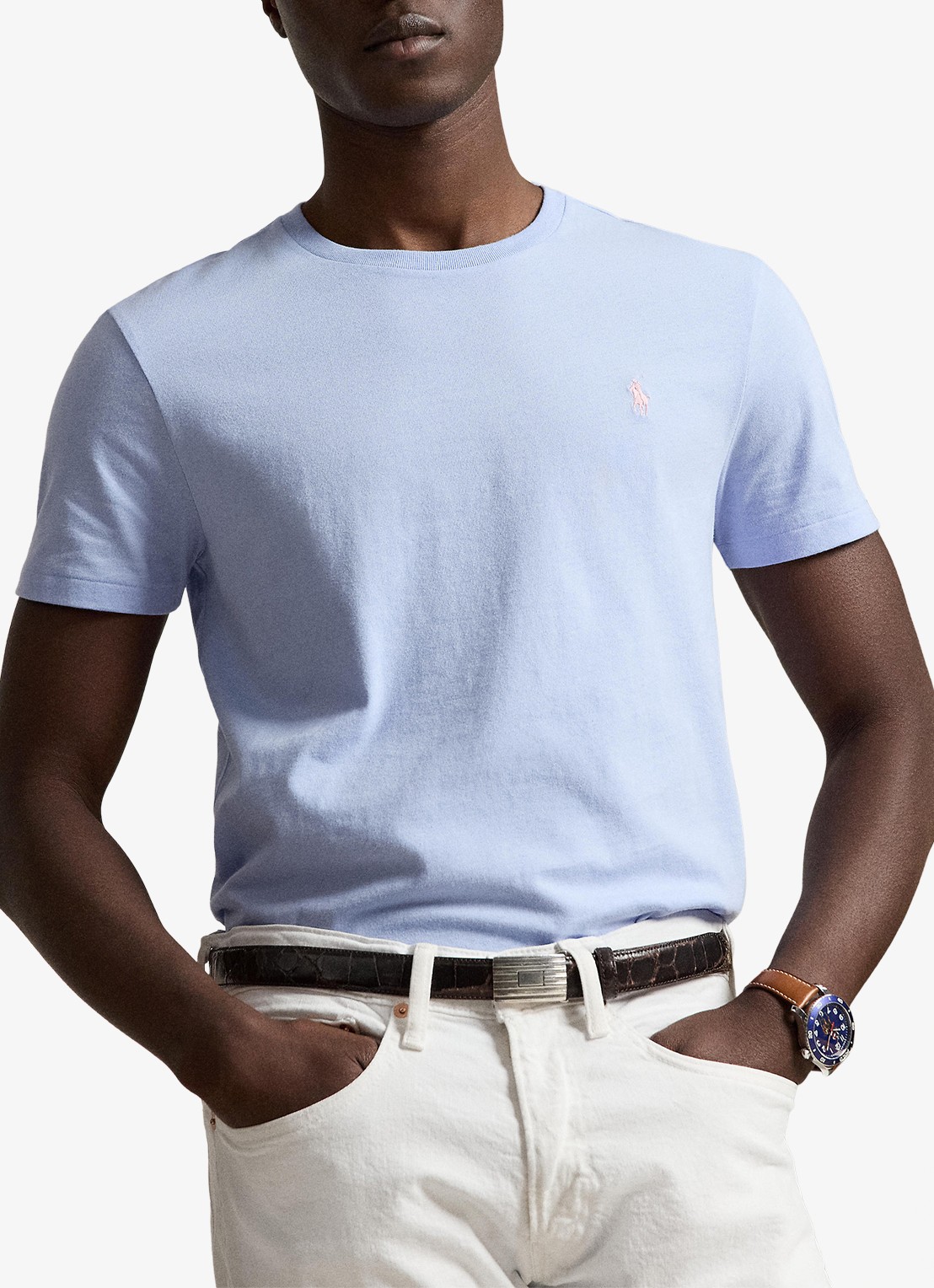 Ralph Lauren Custom slim fit T-shirt met logoborduring - voorkant 5 pebble blue / blauw