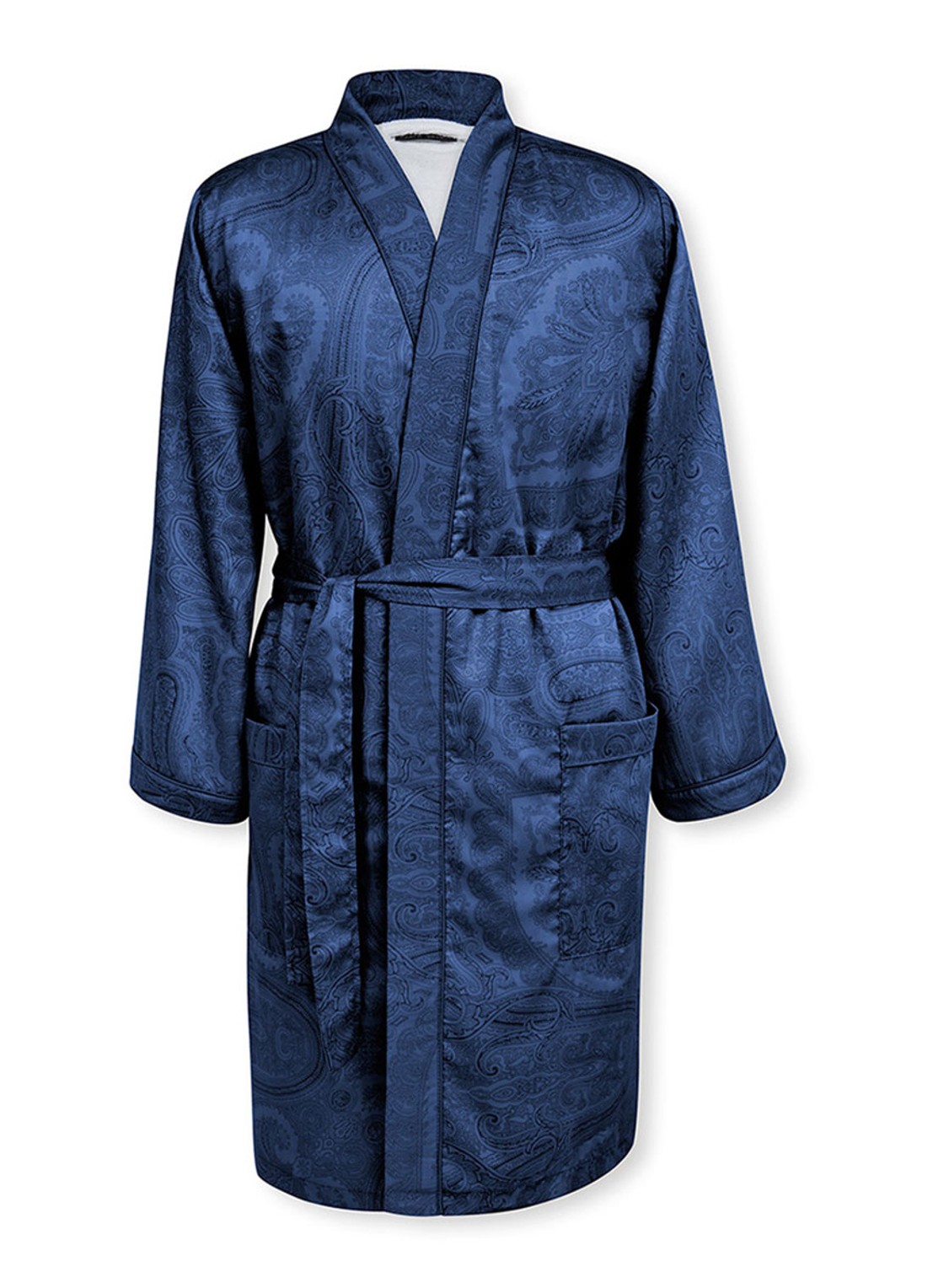 Ralph Lauren Doncaster badjas van katoensatijn - voorkant donkerblauw