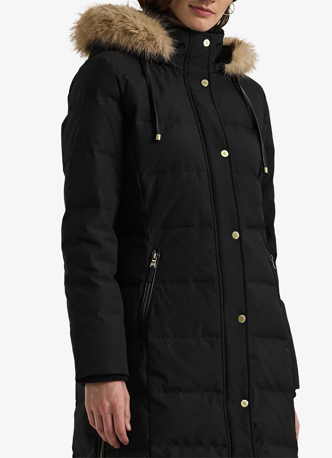 Ralph Lauren Donsjas met capuchon en imitatiebont - detail zwart