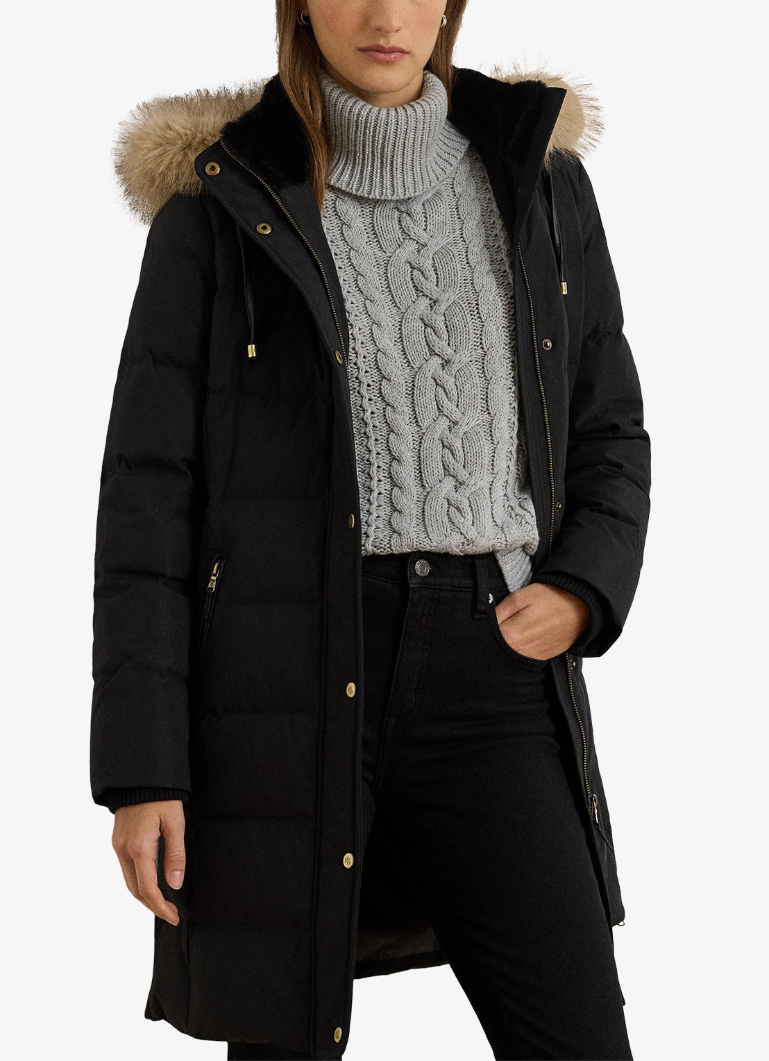Ralph Lauren Donsjas met capuchon en imitatiebont - detail 3 zwart