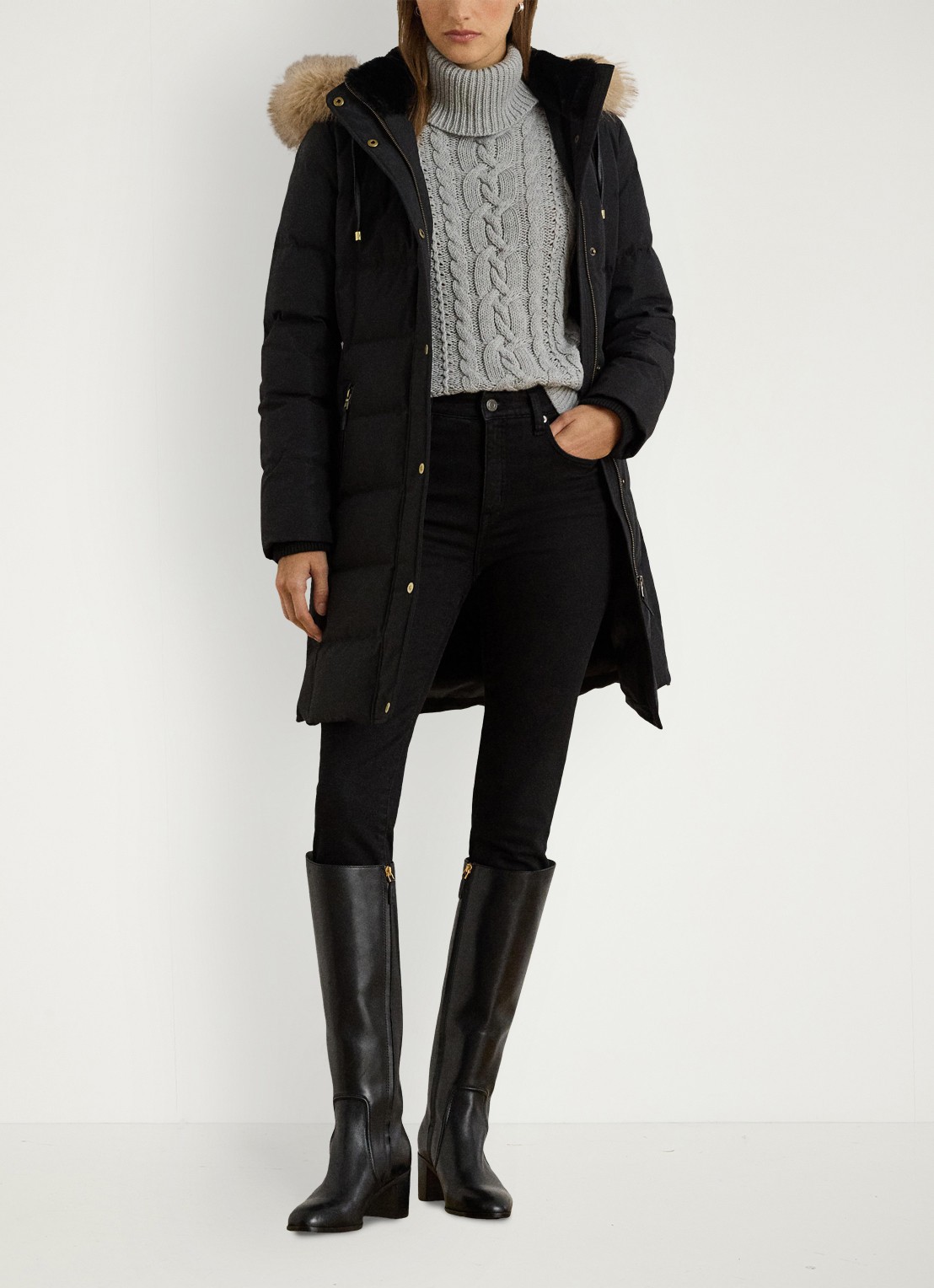 Ralph Lauren Donsjas met capuchon en imitatiebont - voorkant 2 zwart