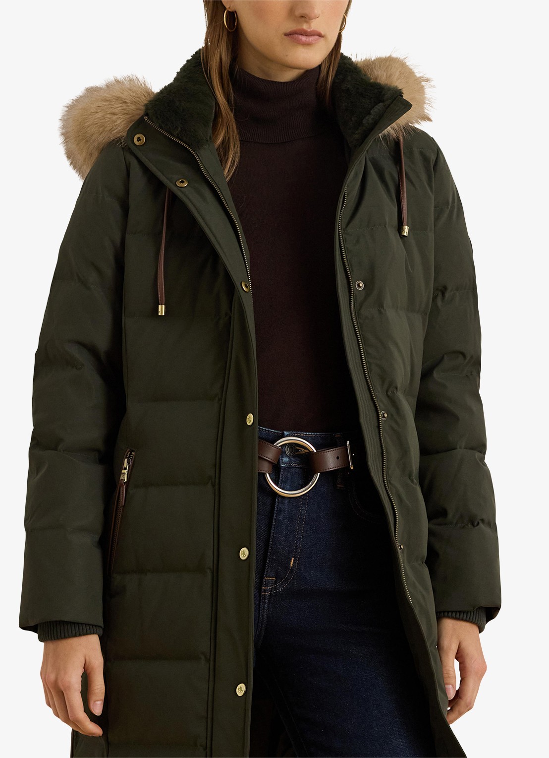 Ralph Lauren Donsjas met capuchon en imitatiebont - detail 2 groen