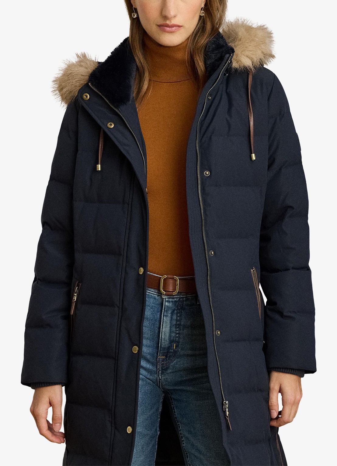 Ralph Lauren Donsjas met capuchon en imitatiebont - detail 2 donkerblauw