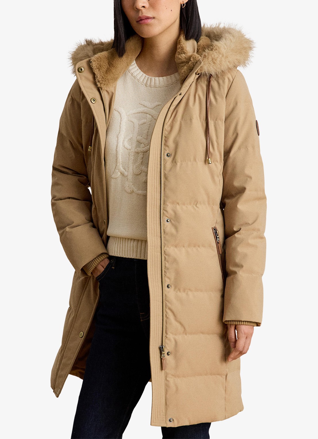 Ralph Lauren Donsjas met capuchon en imitatiebont - detail 3 camel
