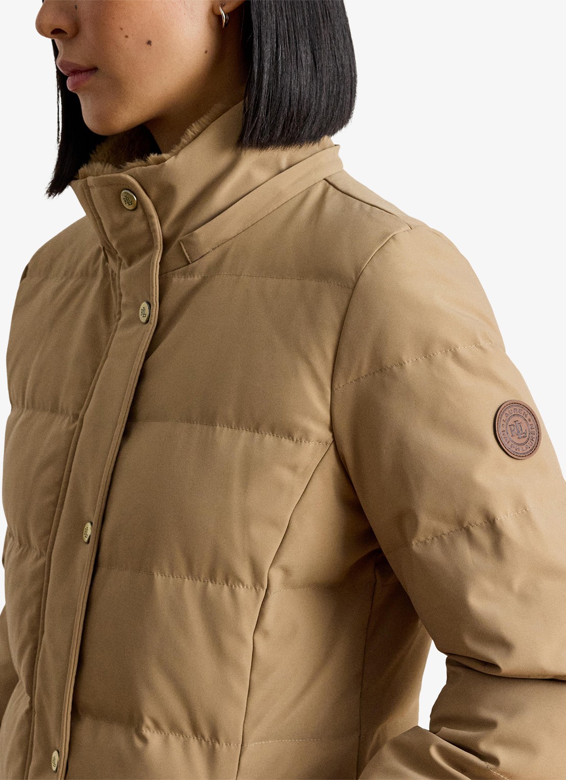 Ralph Lauren Donsjas met capuchon en imitatiebont - detail 4 camel