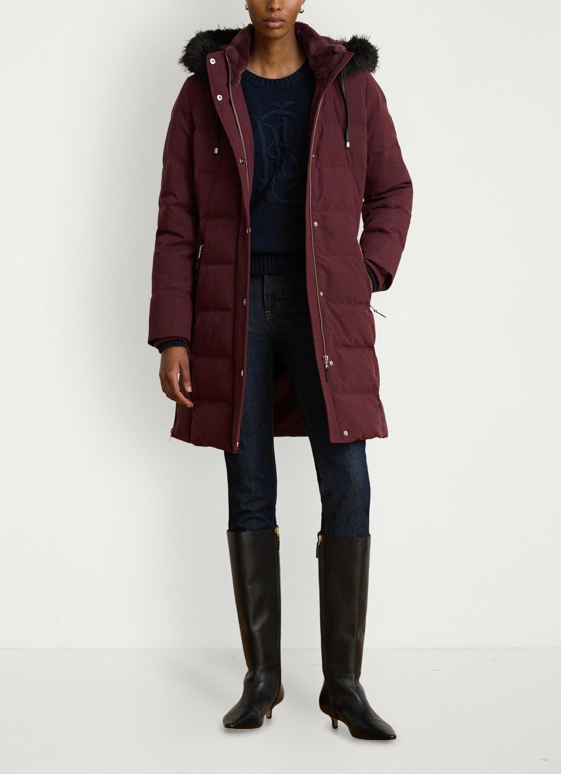 Ralph Lauren Donsjas met capuchon en imitatiebont - voorkant 6 dark garnet / bordeauxrood