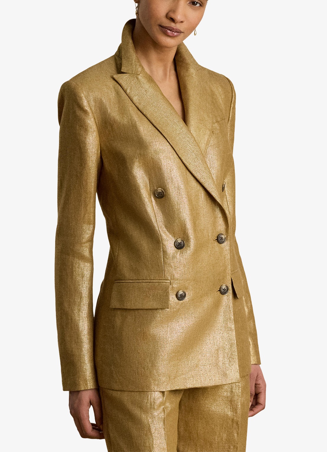 Ralph Lauren Double-breasted blazer in linnenblend met metallic finish - detail brown/gold foil / bruin