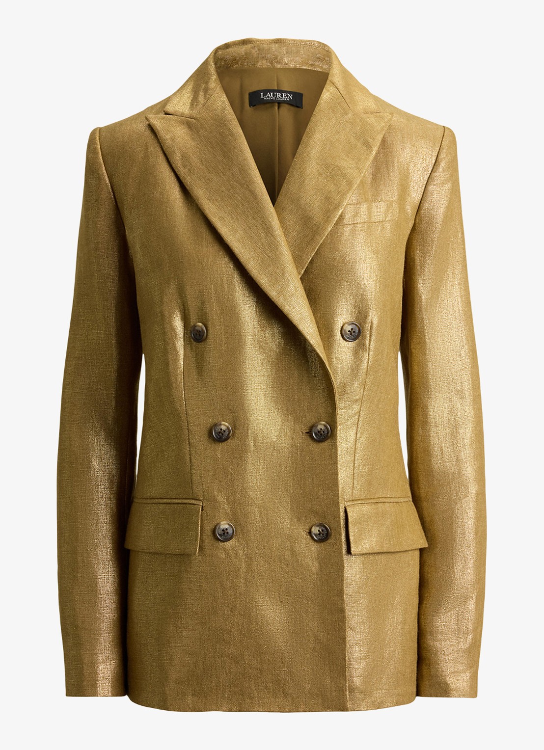 Ralph Lauren Double-breasted blazer in linnenblend met metallic finish - voorkant 3 brown/gold foil / bruin