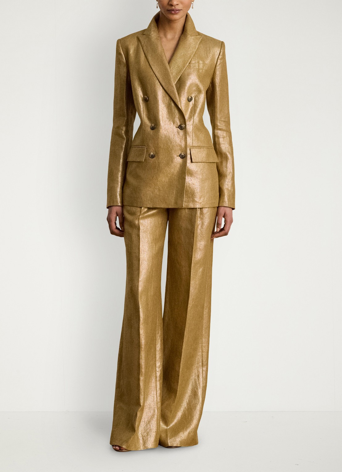 Ralph Lauren Double-breasted blazer in linnenblend met metallic finish - voorkant 4 brown/gold foil / bruin
