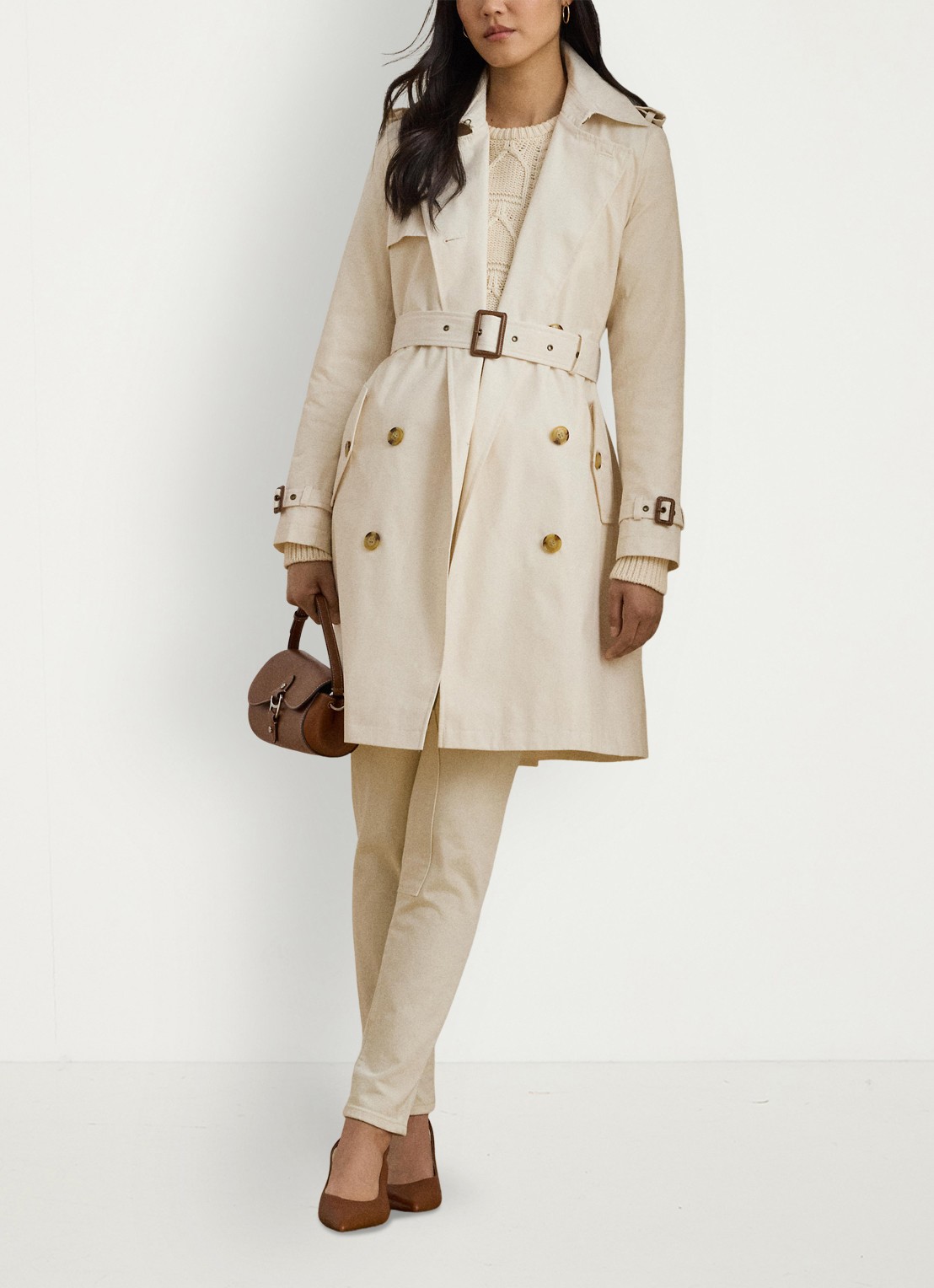 Ralph Lauren Double-breasted trenchcoat met ceintuur - voorkant 2 mascarpone cream-2why / beige